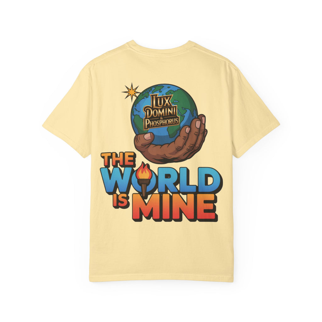 Unisex T-shirt Lux Domini and Phosphoros The World is Mine Design