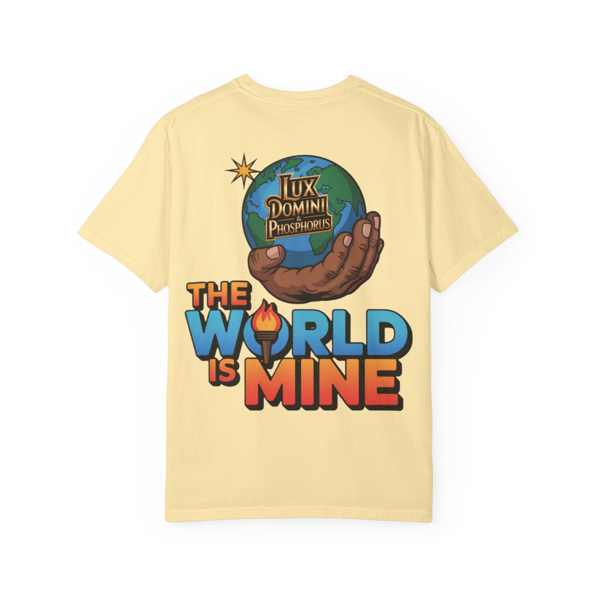 Unisex T-shirt Lux Domini and Phosphoros The World is Mine Design