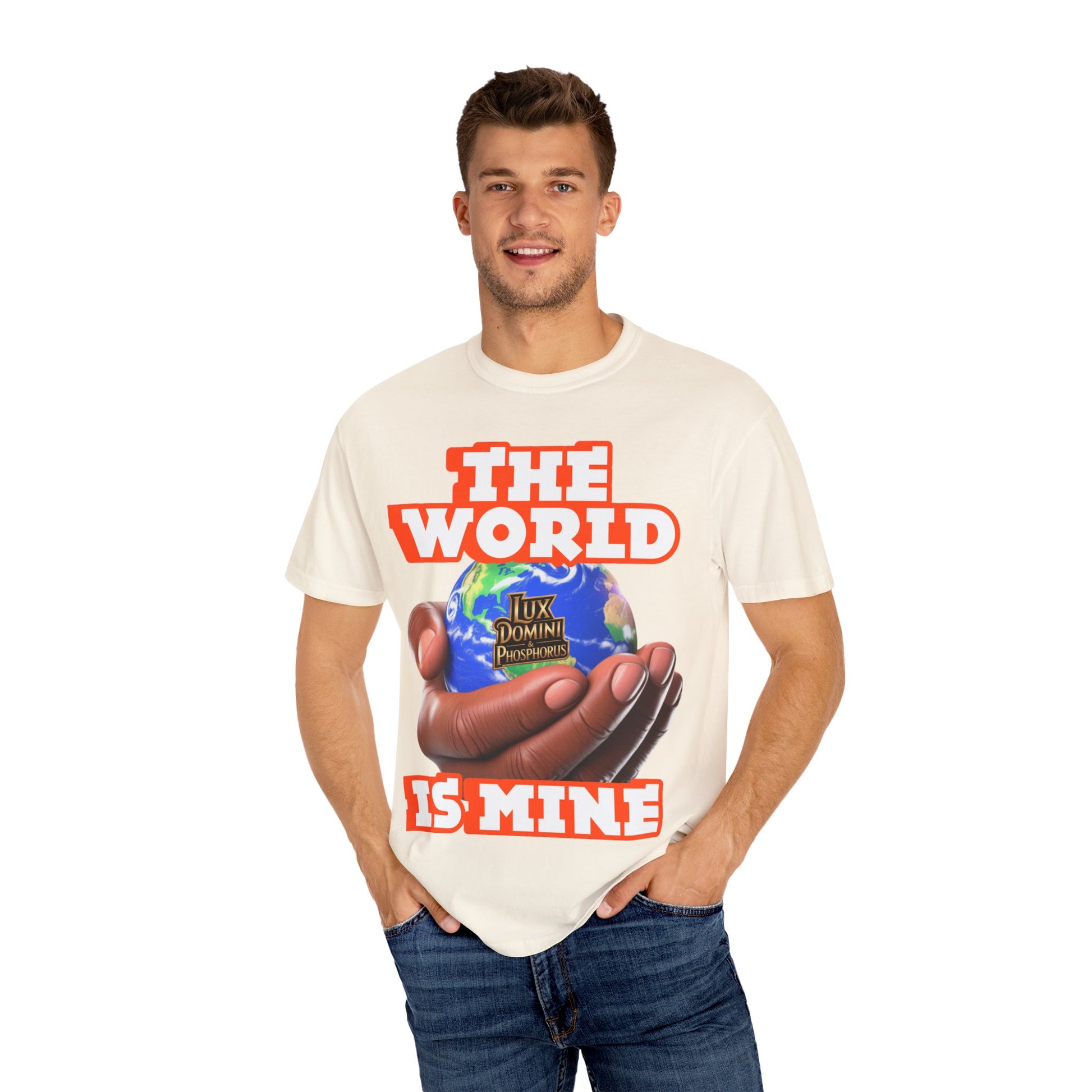 Unisex T-shirt Lux Domini and Phosphoros The World is Mine Design