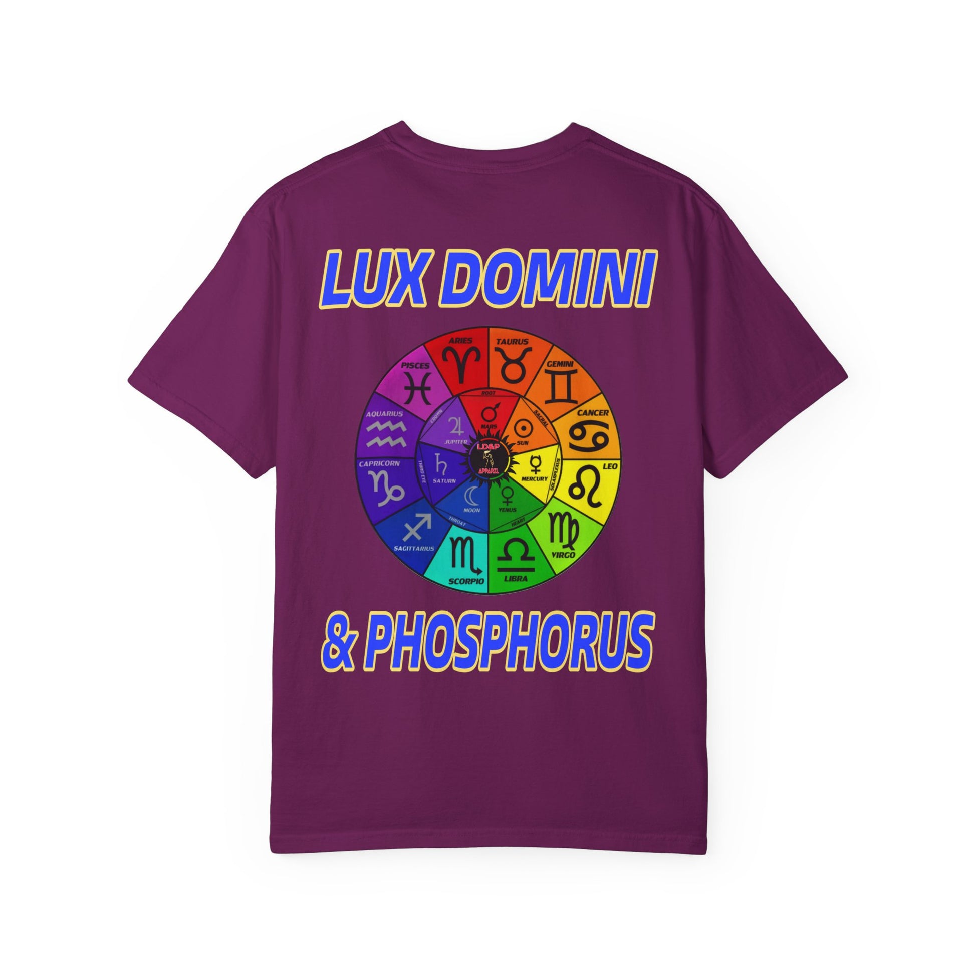 Unisex T-shirt Lux Domini and Phosphorus Zodiac Wheel Design