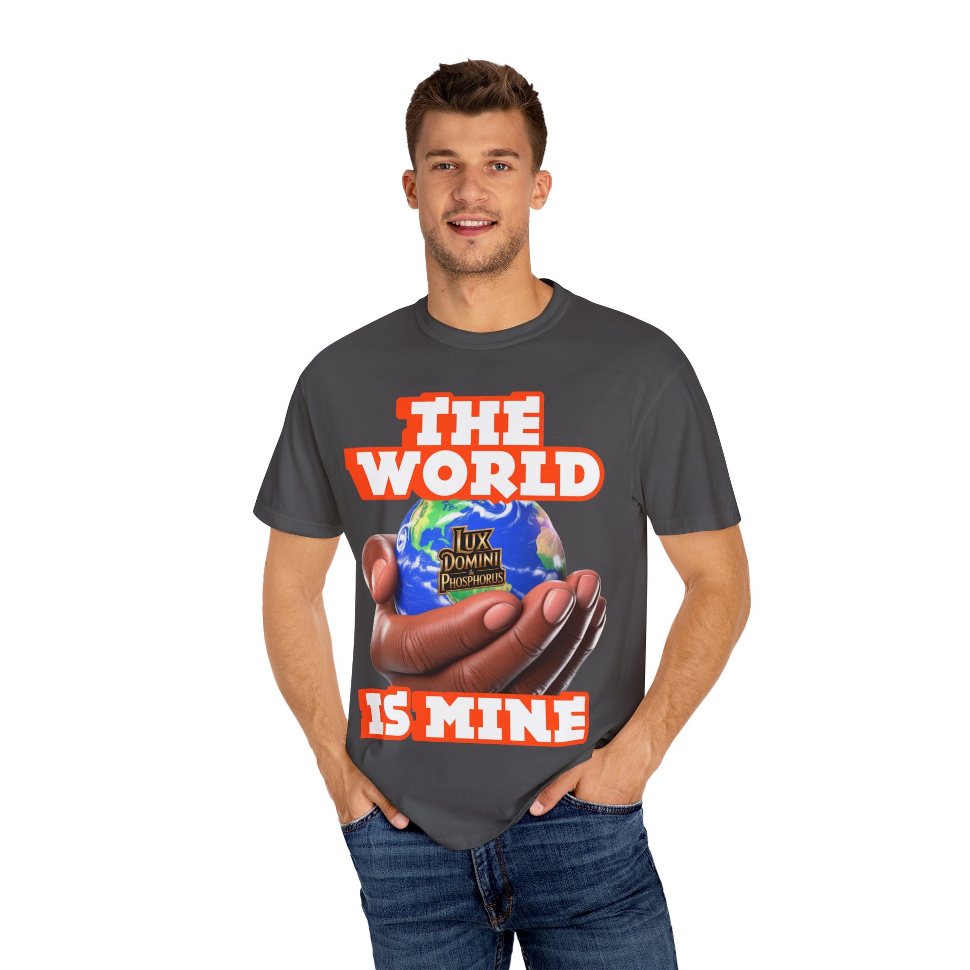 Unisex T-shirt Lux Domini and Phosphoros The World is Mine Design