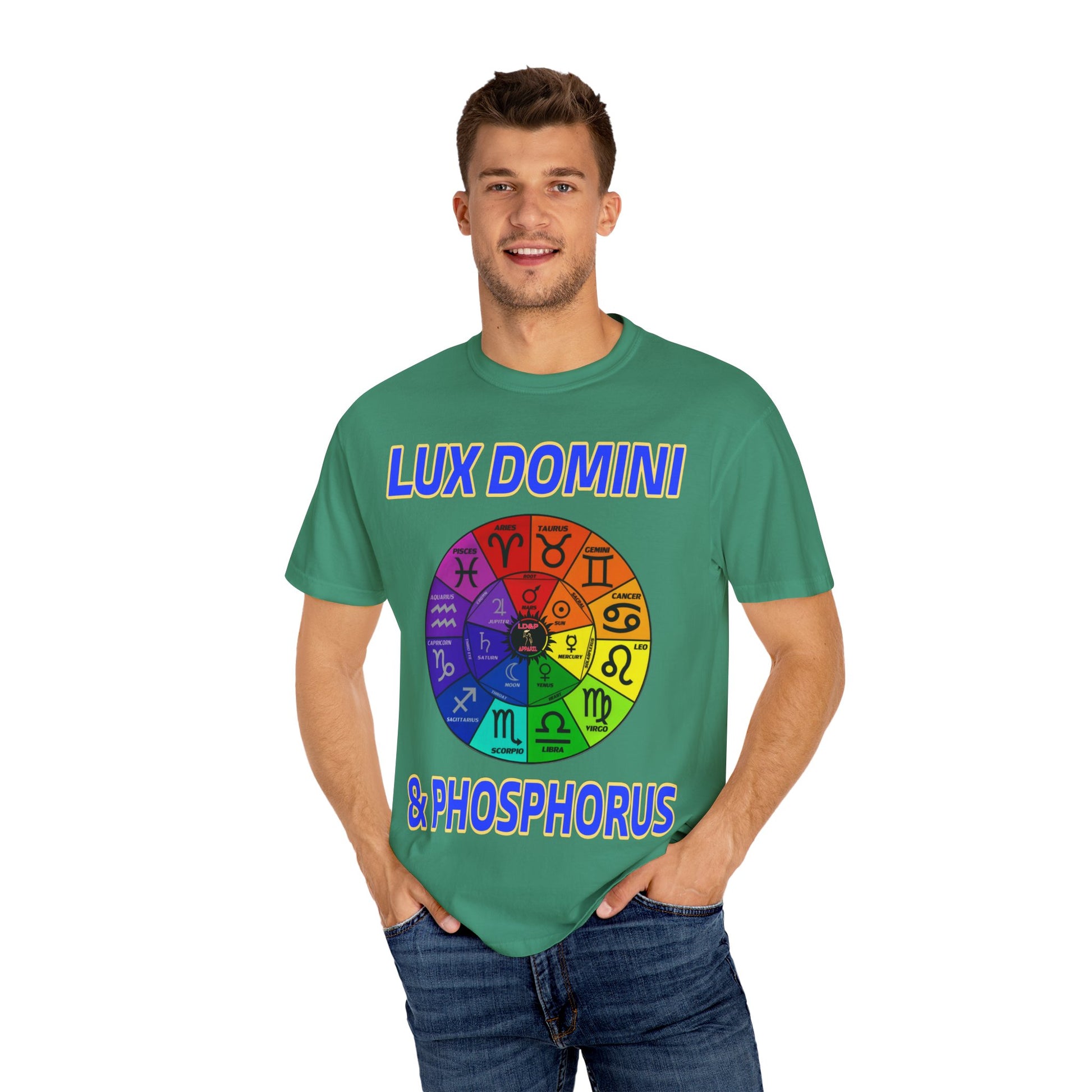 Unisex T-shirt Lux Domini and Phosphorus Zodiac Wheel Design