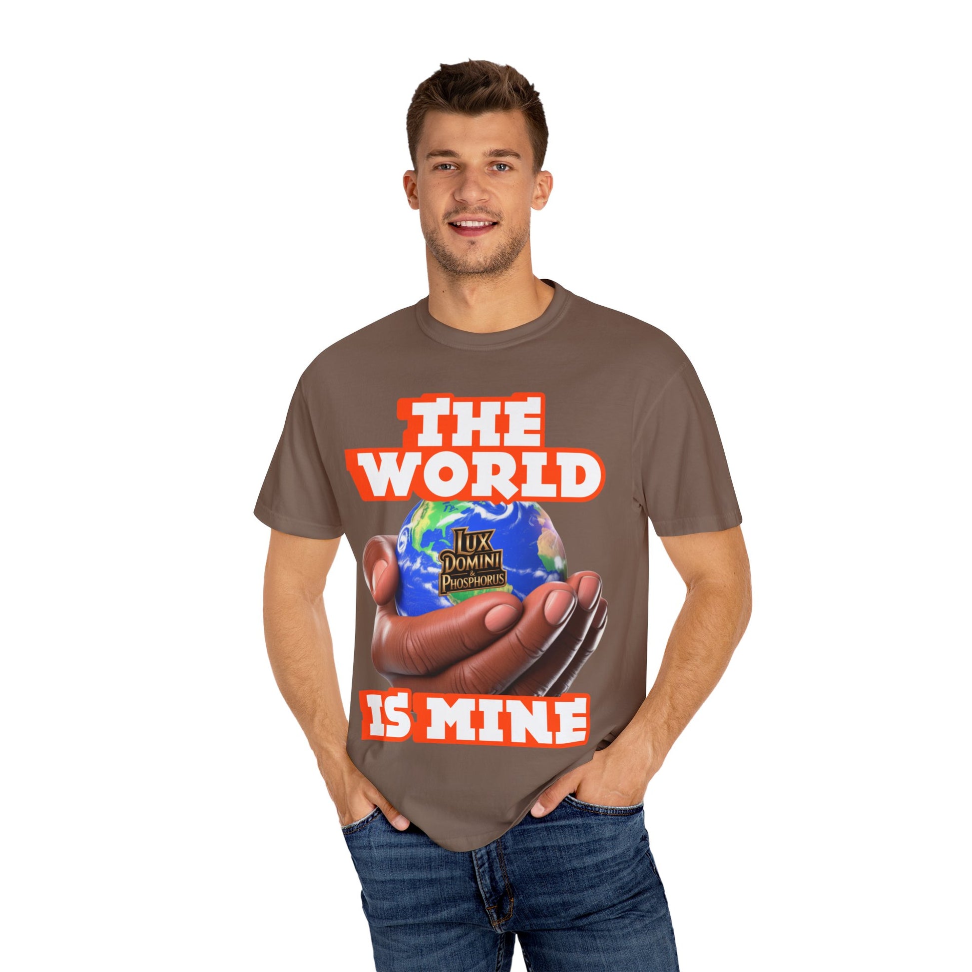 Unisex T-shirt Lux Domini and Phosphoros The World is Mine Design