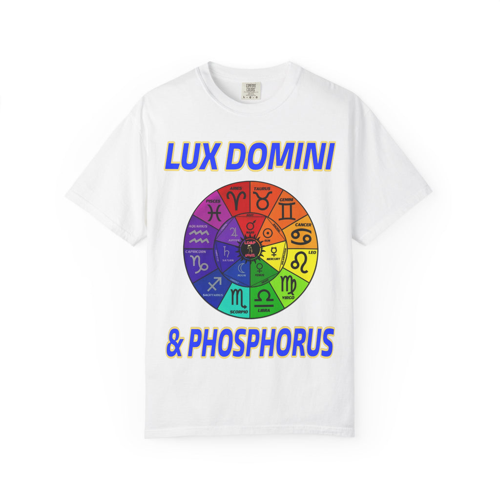 Unisex T-shirt Lux Domini and Phosphorus Zodiac Wheel Design