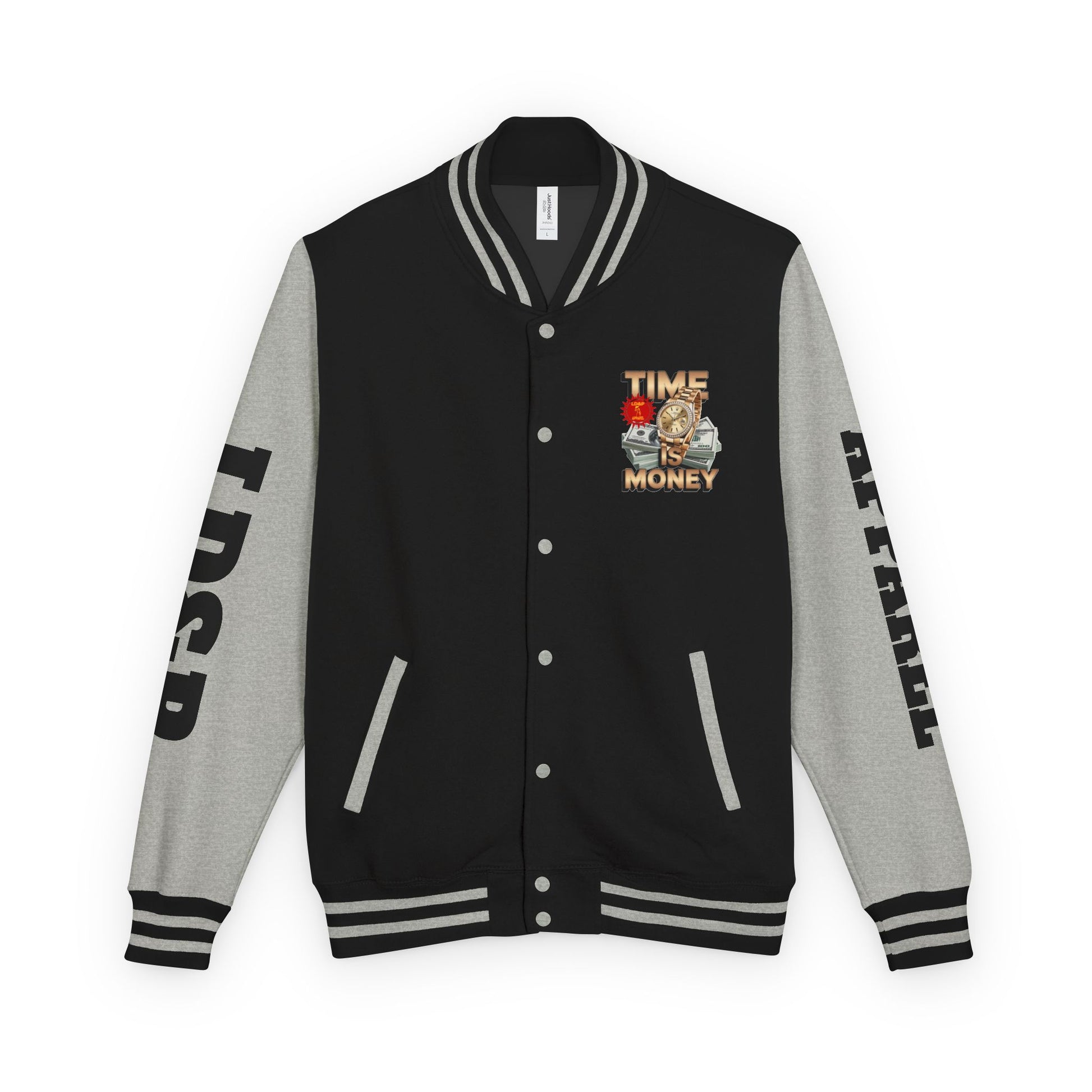Unisex Heavyweight Letterman Jacket – Time is Money Design