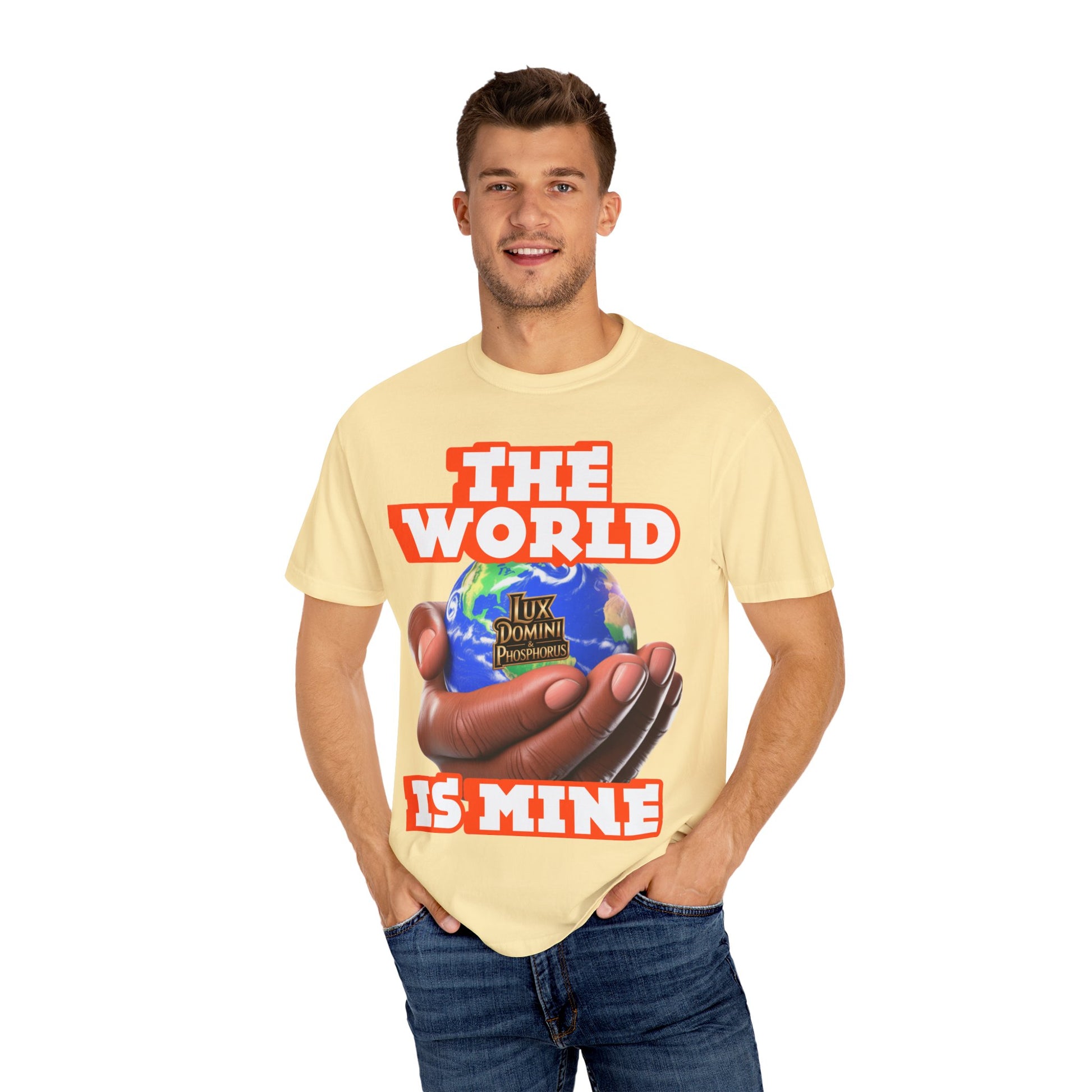 Unisex T-shirt Lux Domini and Phosphoros The World is Mine Design
