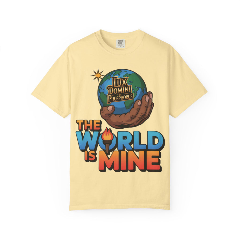 Unisex T-shirt Lux Domini and Phosphoros The World is Mine Design