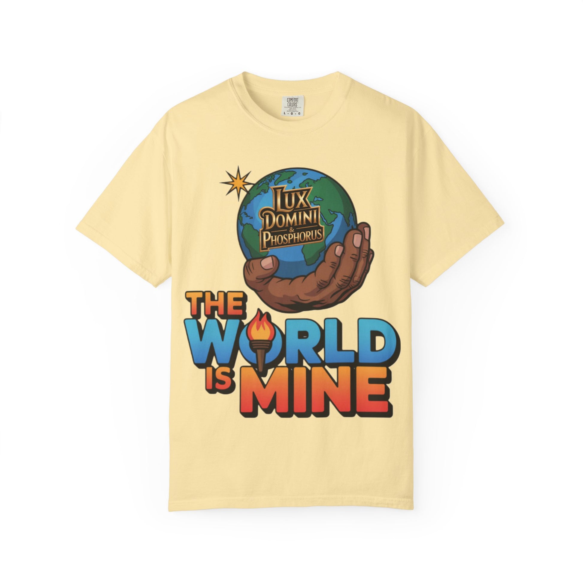Unisex T-shirt Lux Domini and Phosphoros The World is Mine Design
