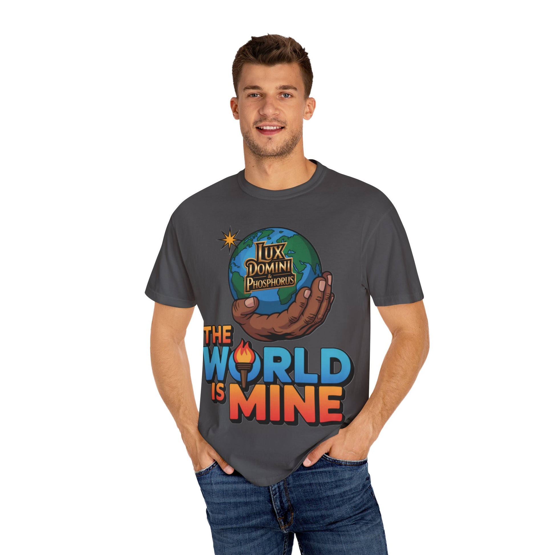 Unisex T-shirt Lux Domini and Phosphoros The World is Mine Design