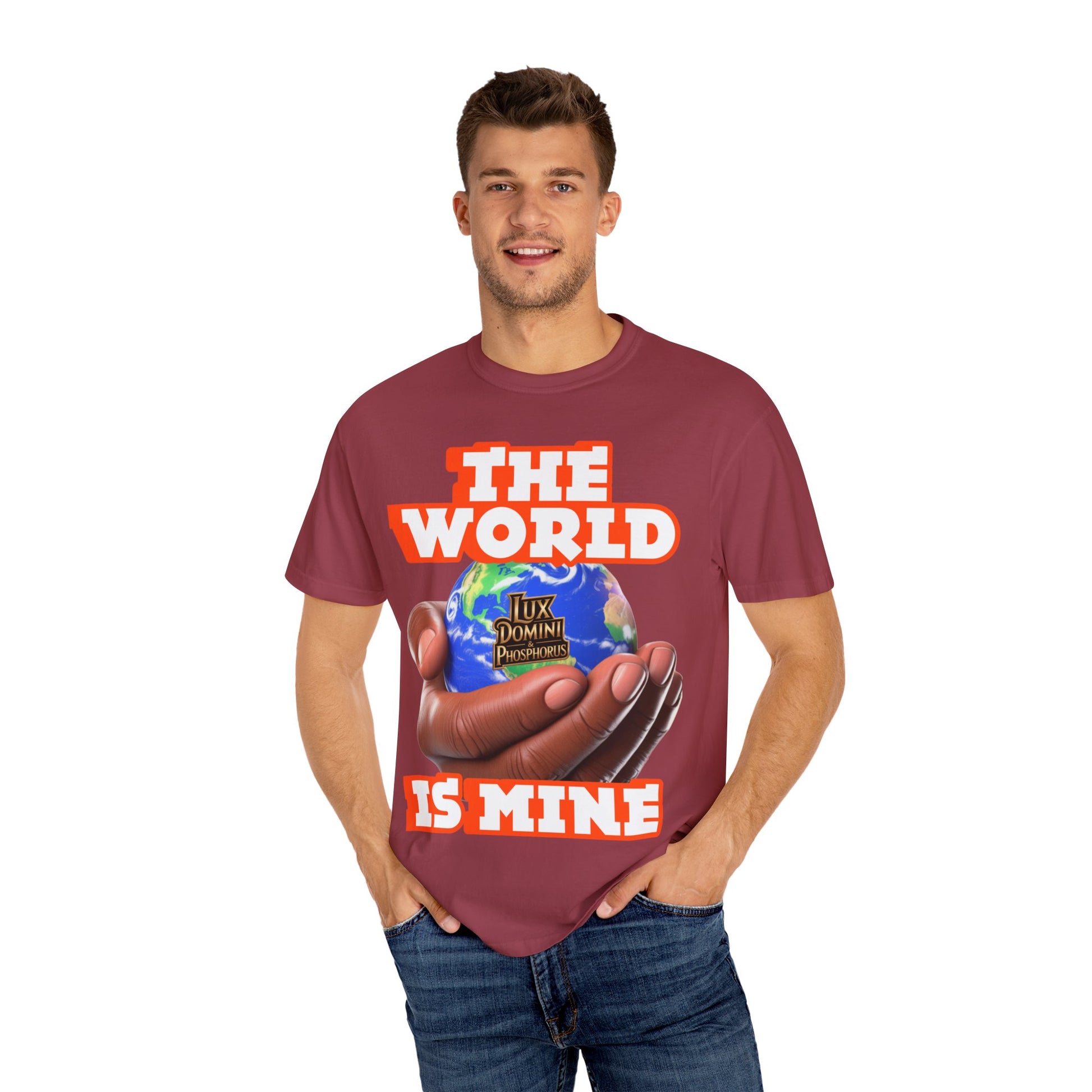 Unisex T-shirt Lux Domini and Phosphoros The World is Mine Design
