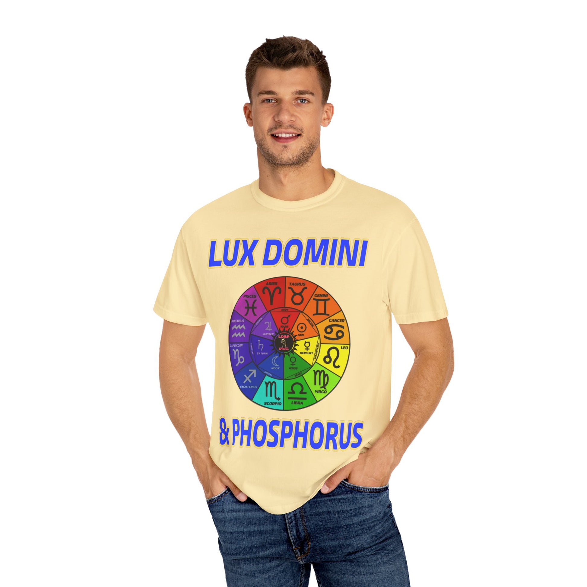 Unisex T-shirt Lux Domini and Phosphorus Zodiac Wheel Design