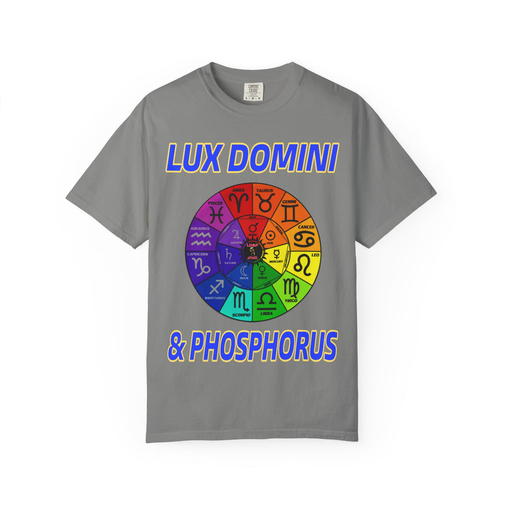 Unisex T-shirt Lux Domini and Phosphorus Zodiac Wheel Design