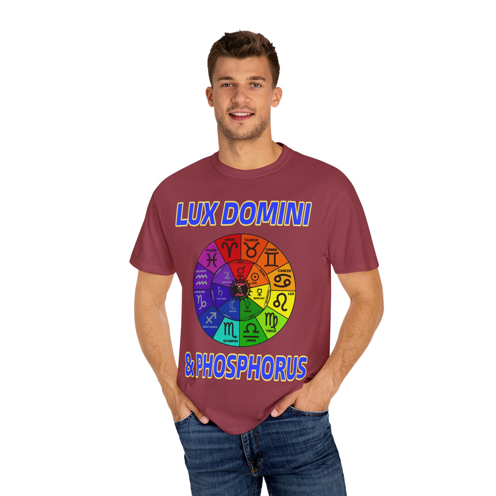 Unisex T-shirt Lux Domini and Phosphorus Zodiac Wheel Design