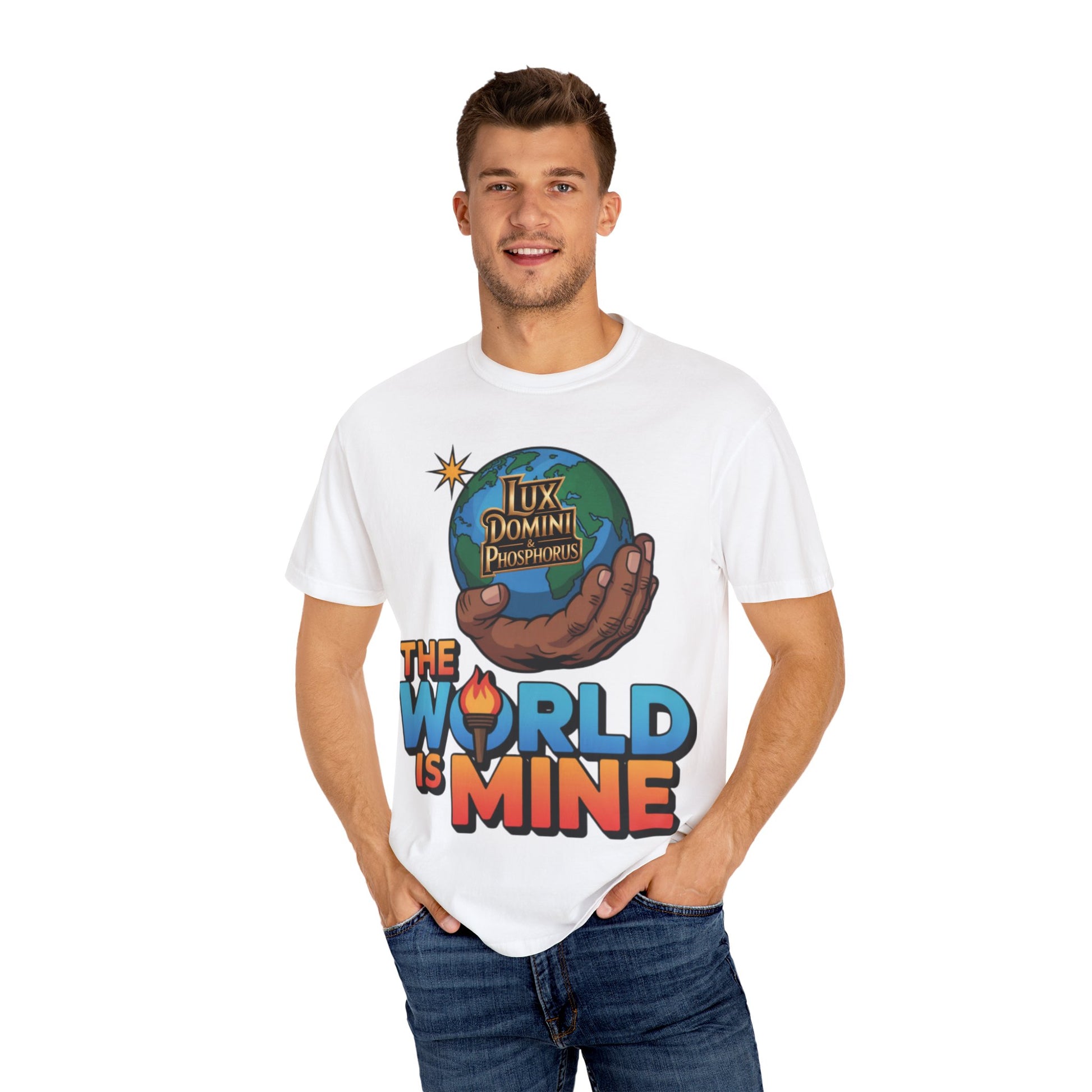 Unisex T-shirt Lux Domini and Phosphoros The World is Mine Design