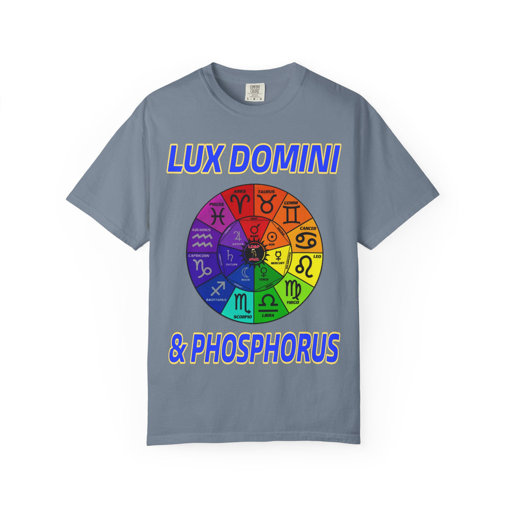 Unisex T-shirt Lux Domini and Phosphorus Zodiac Wheel Design
