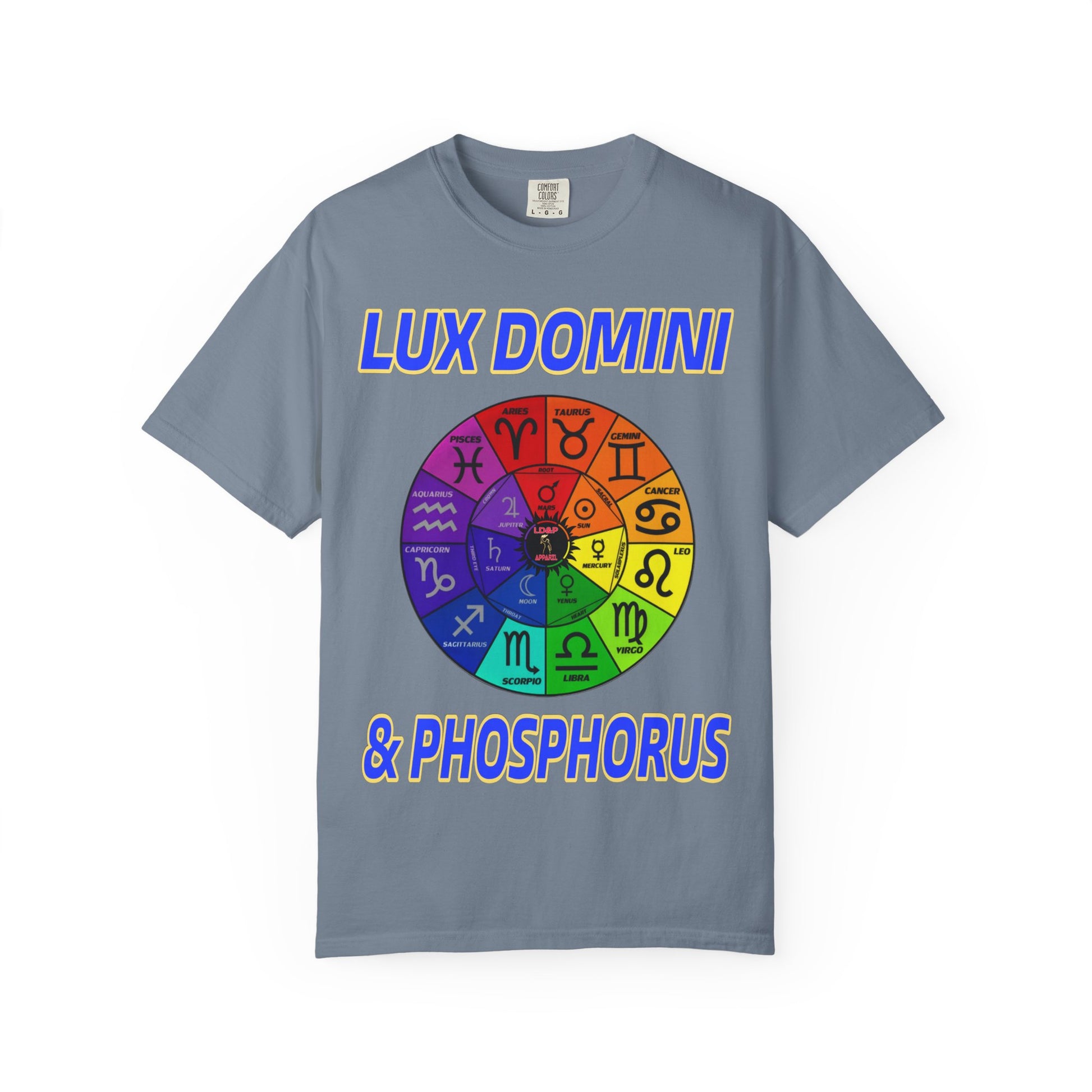 Unisex T-shirt Lux Domini and Phosphorus Zodiac Wheel Design