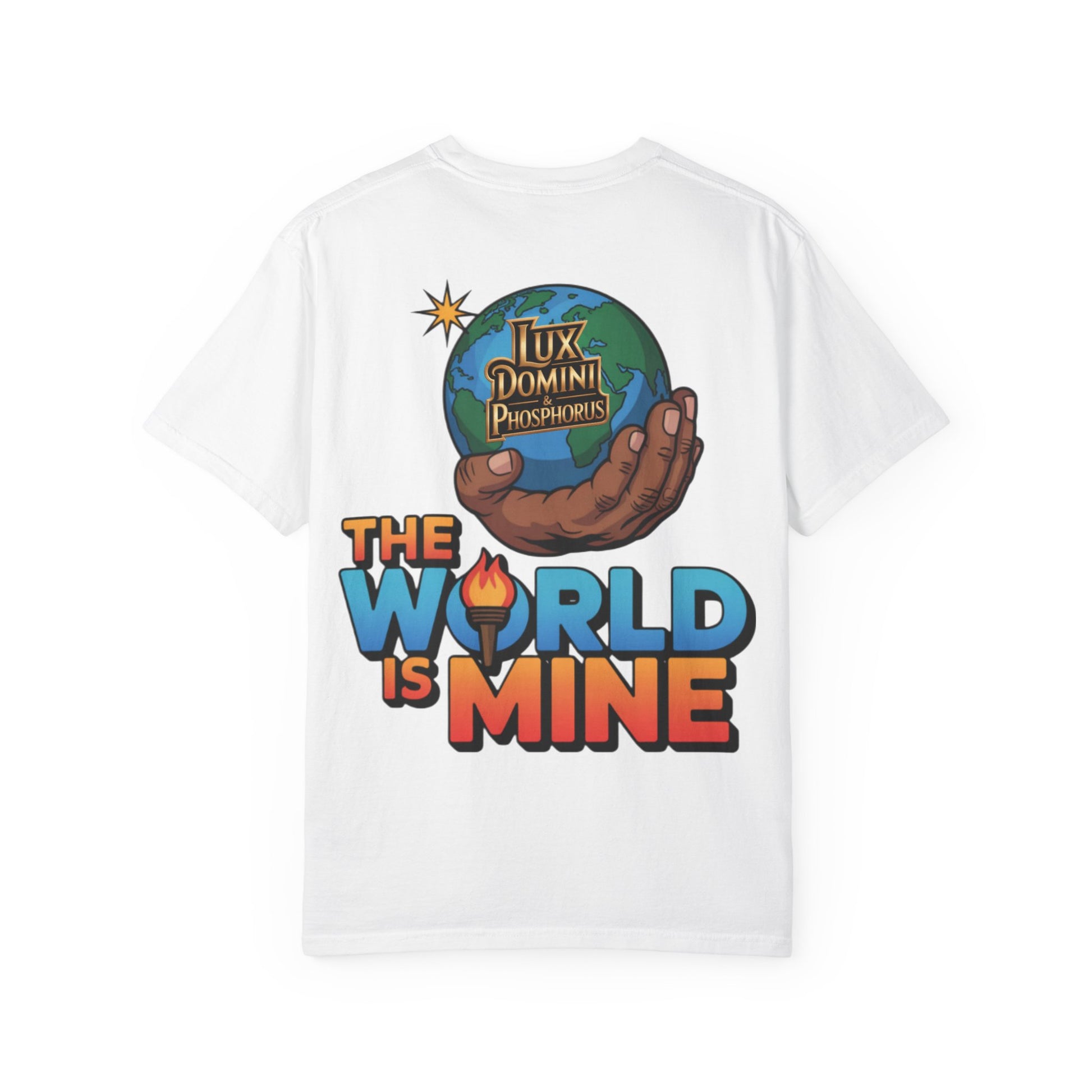 Unisex T-shirt Lux Domini and Phosphoros The World is Mine Design