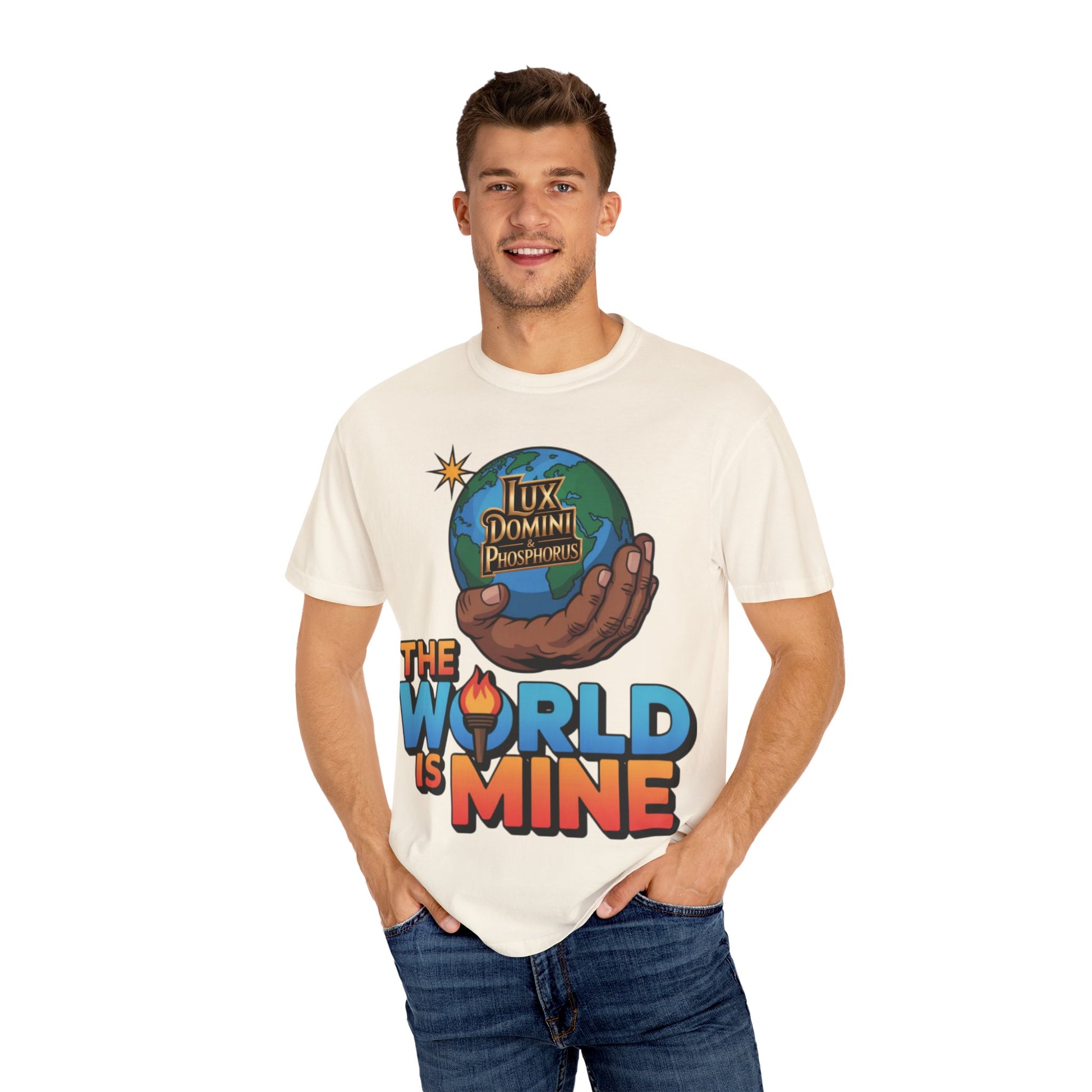 Unisex T-shirt Lux Domini and Phosphoros The World is Mine Design