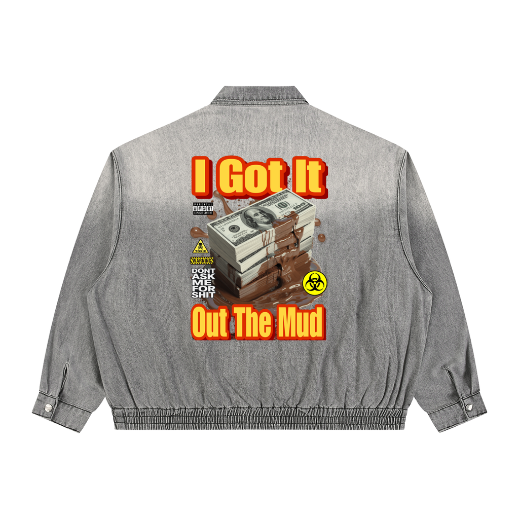 Unisex Vintage Wash Full-Zip Denim Jacket I got it out the mud LD&P APPAREL