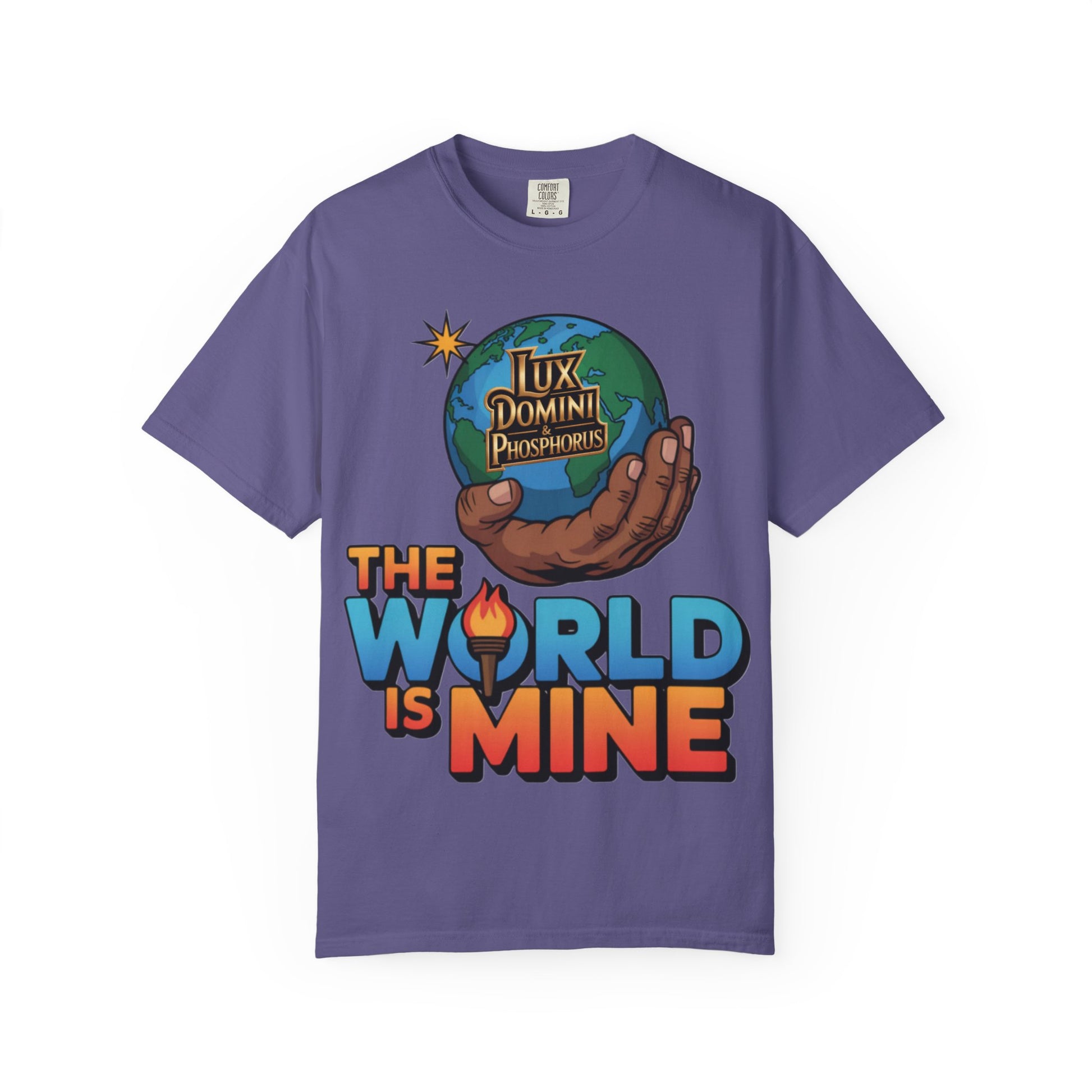 Unisex T-shirt Lux Domini and Phosphoros The World is Mine Design