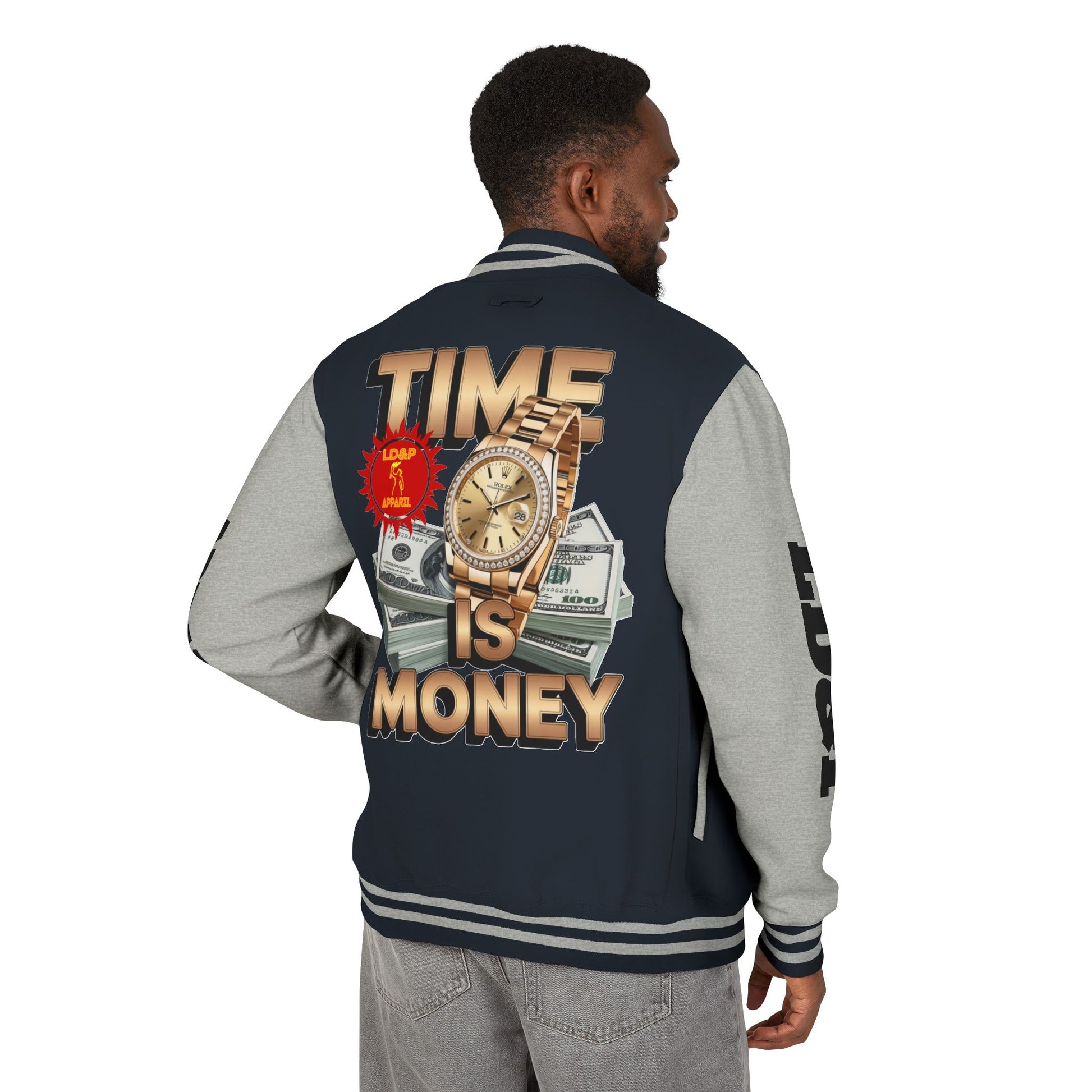 Unisex Heavyweight Letterman Jacket – Time is Money Design