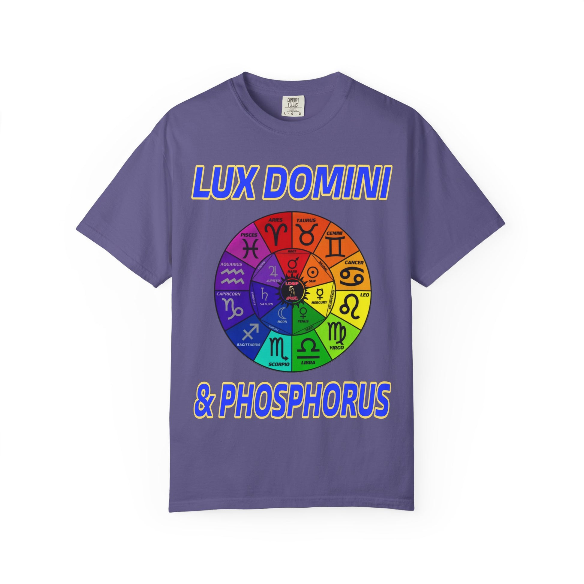 Unisex T-shirt Lux Domini and Phosphorus Zodiac Wheel Design