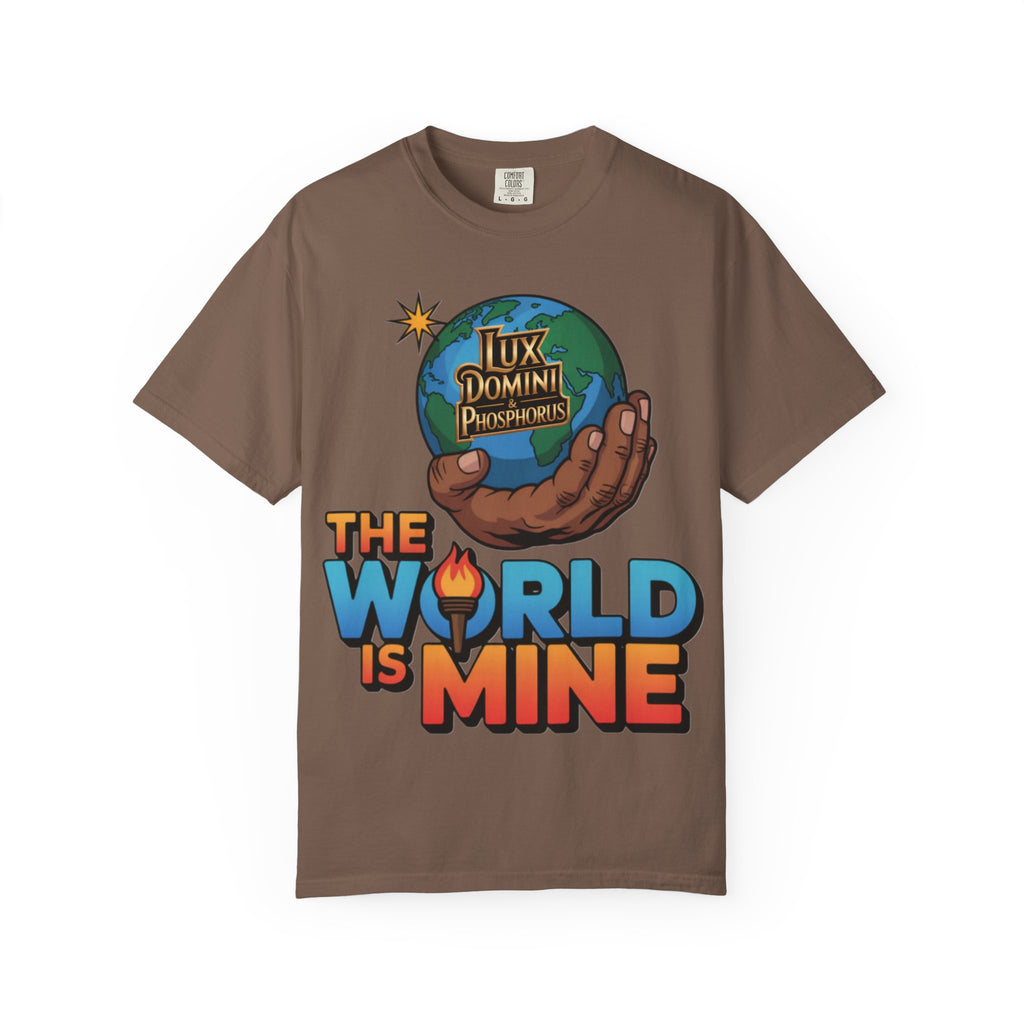 Unisex T-shirt Lux Domini and Phosphoros The World is Mine Design