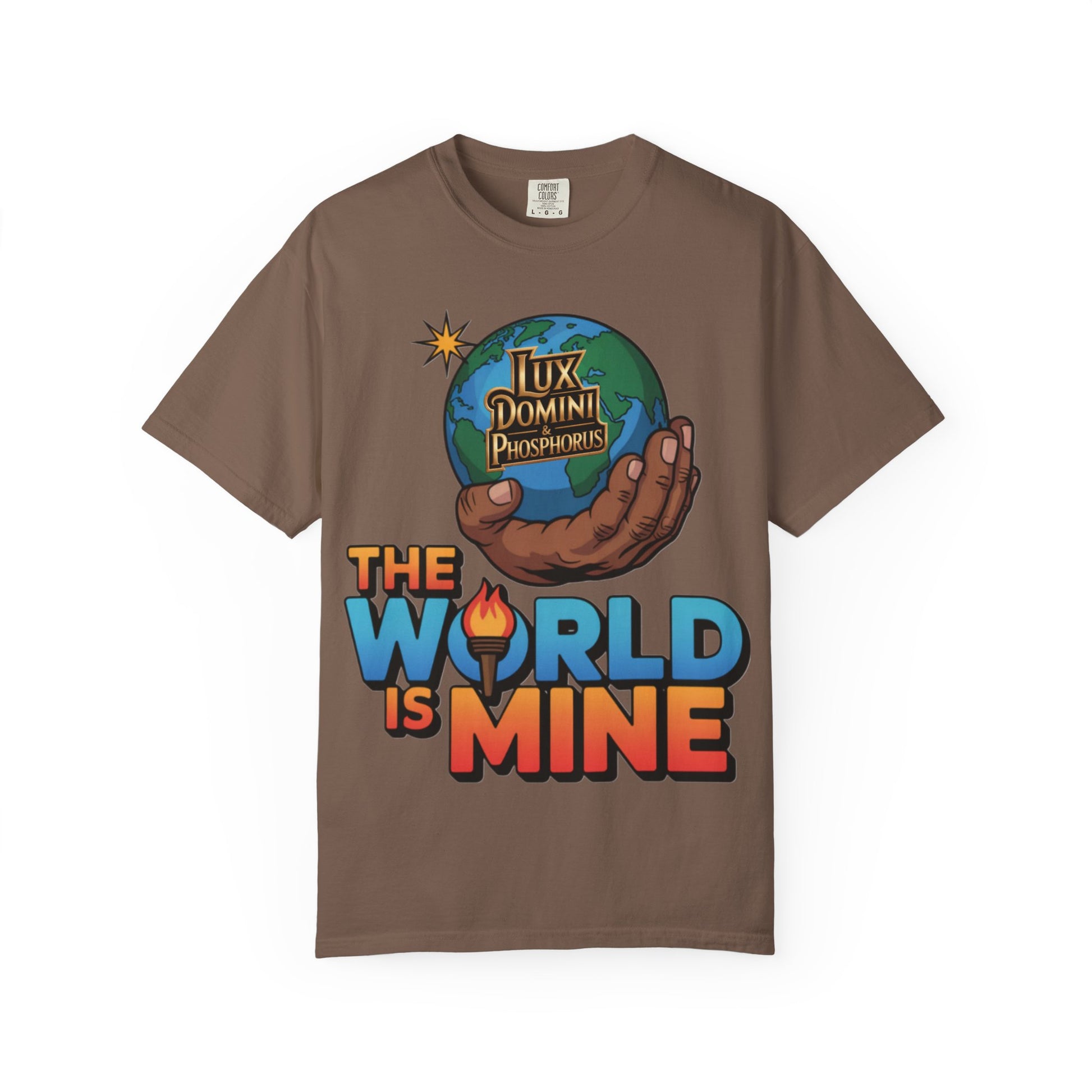 Unisex T-shirt Lux Domini and Phosphoros The World is Mine Design