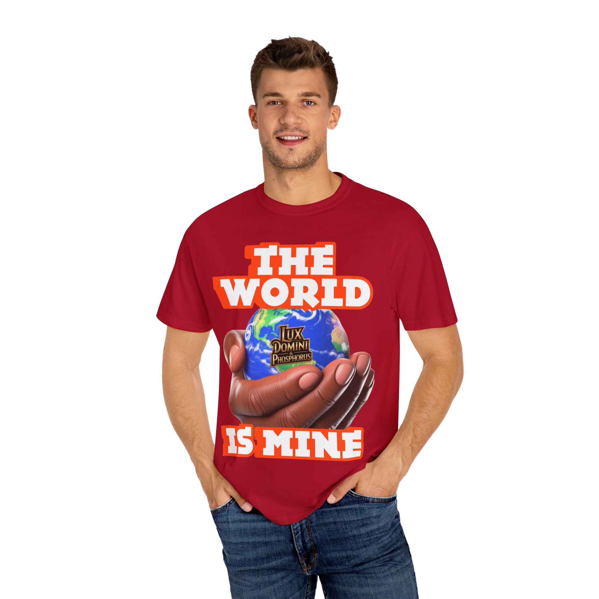 Unisex T-shirt Lux Domini and Phosphoros The World is Mine Design