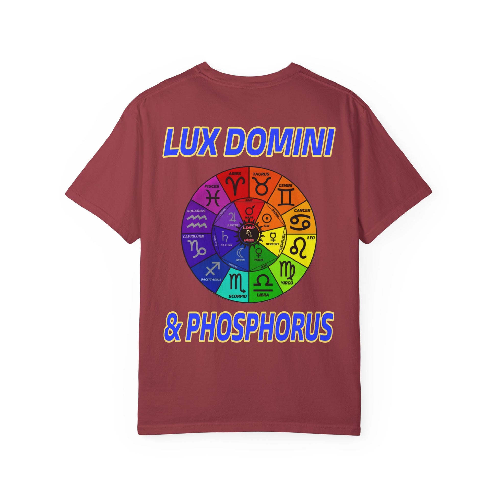 Unisex T-shirt Lux Domini and Phosphorus Zodiac Wheel Design