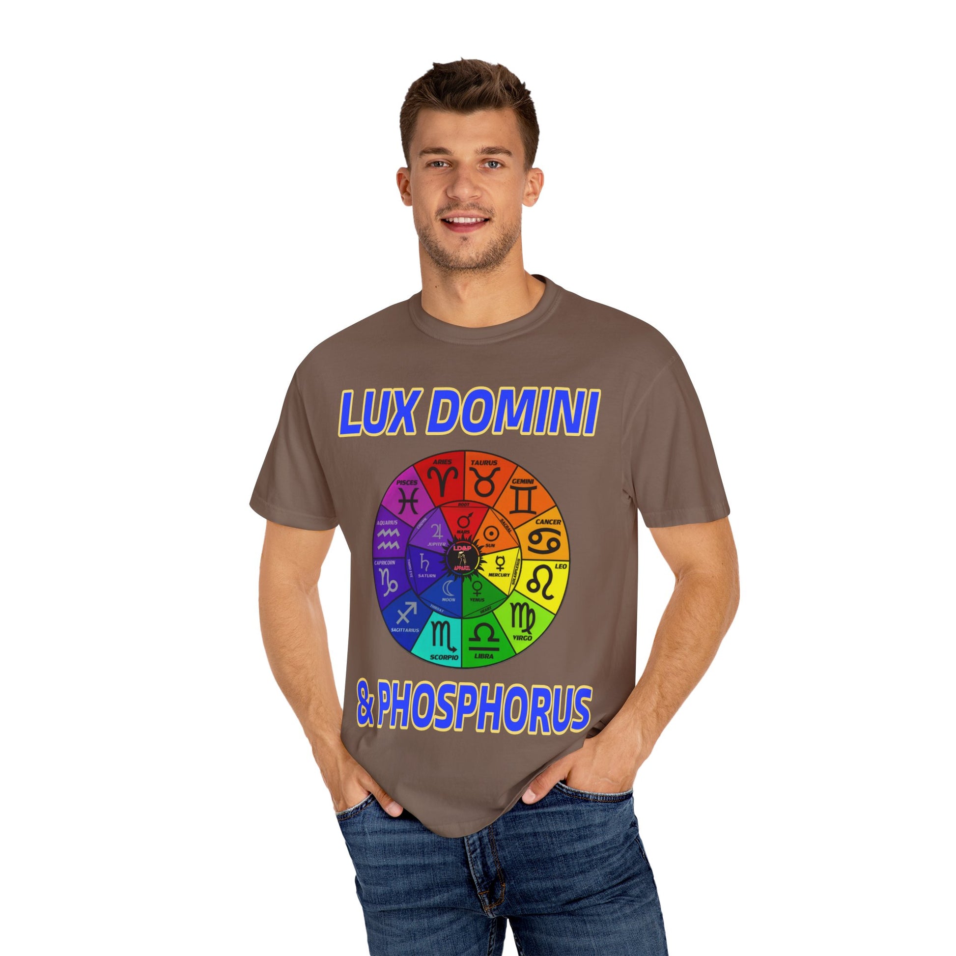 Unisex T-shirt Lux Domini and Phosphorus Zodiac Wheel Design
