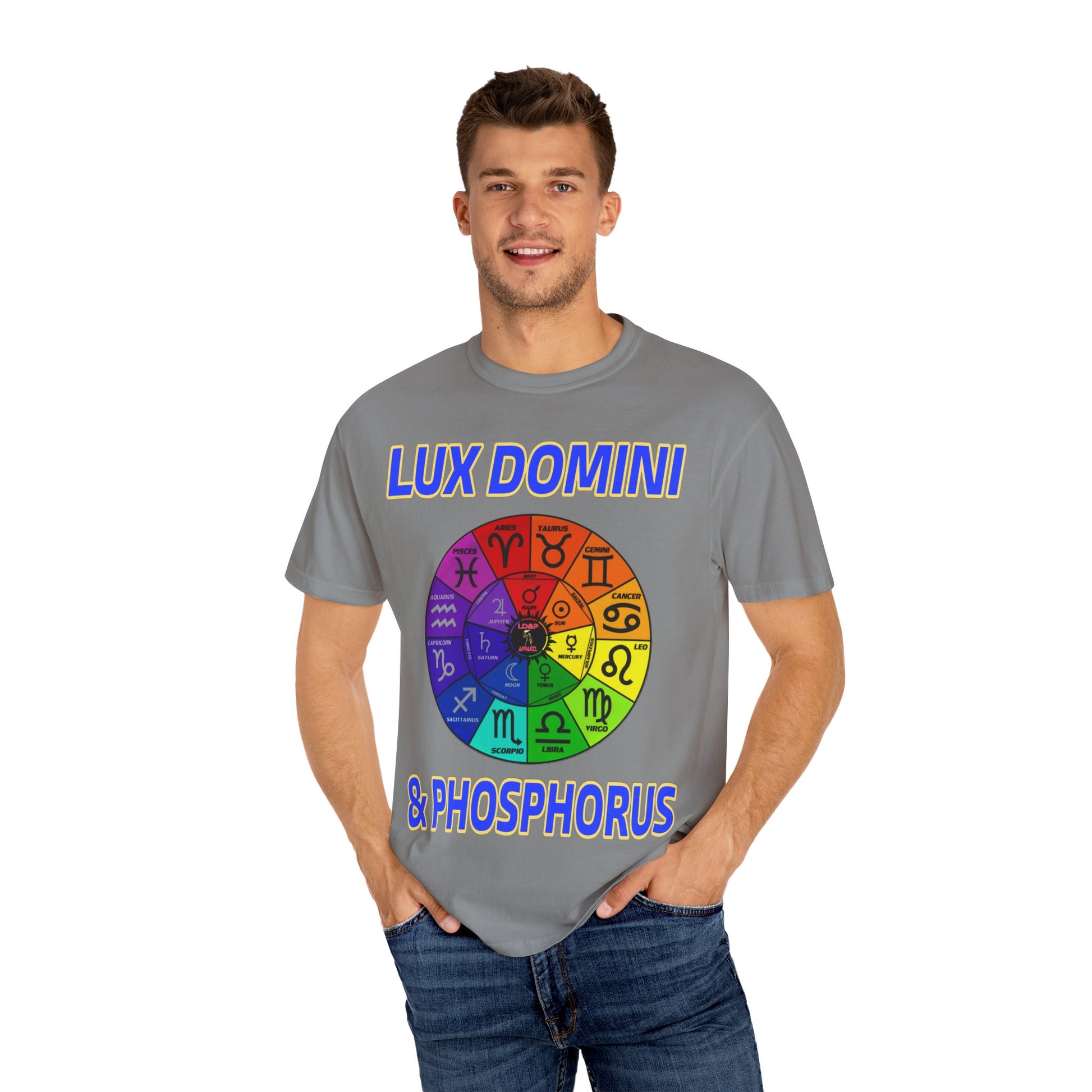 Unisex T-shirt Lux Domini and Phosphorus Zodiac Wheel Design
