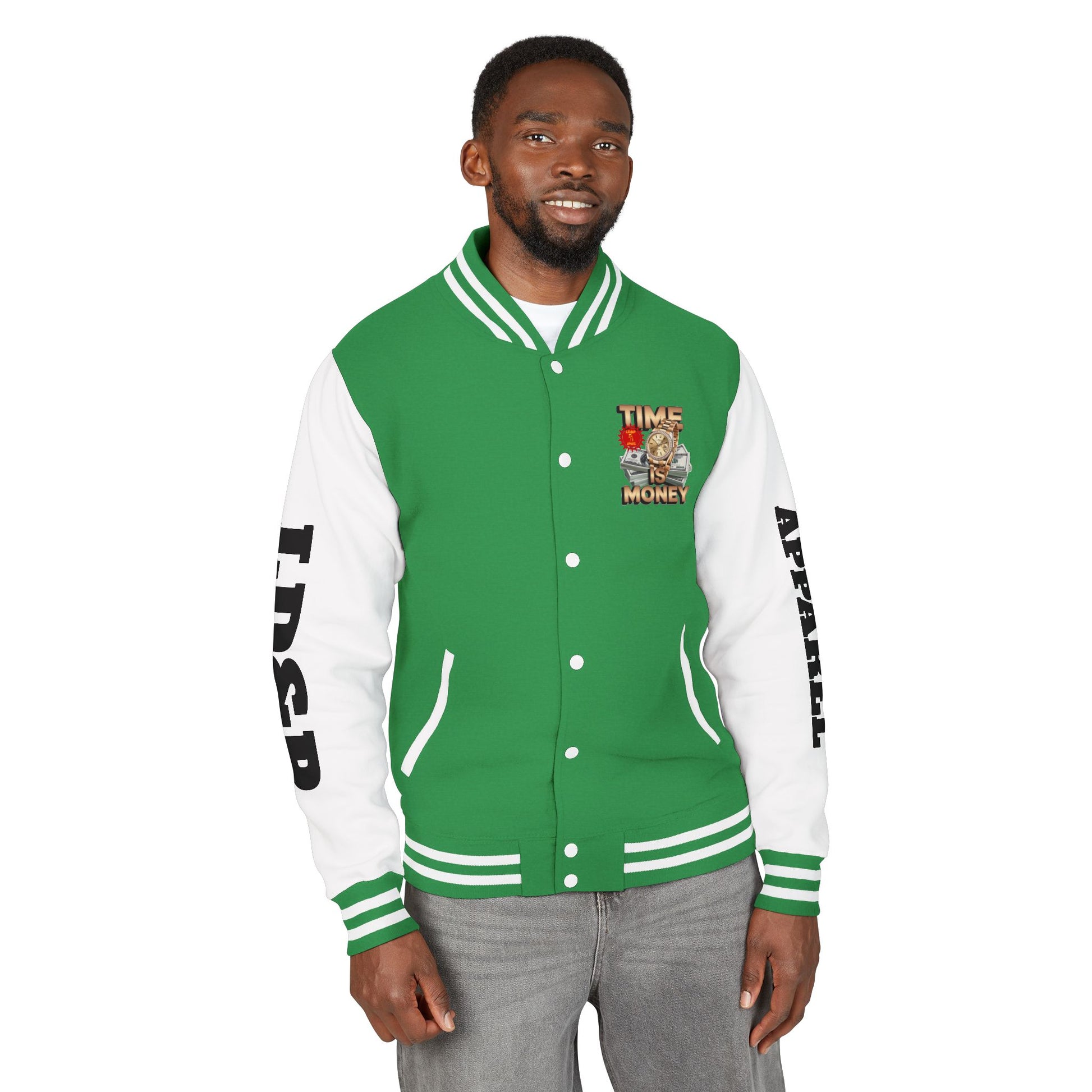 Unisex Heavyweight Letterman Jacket – Time is Money Design