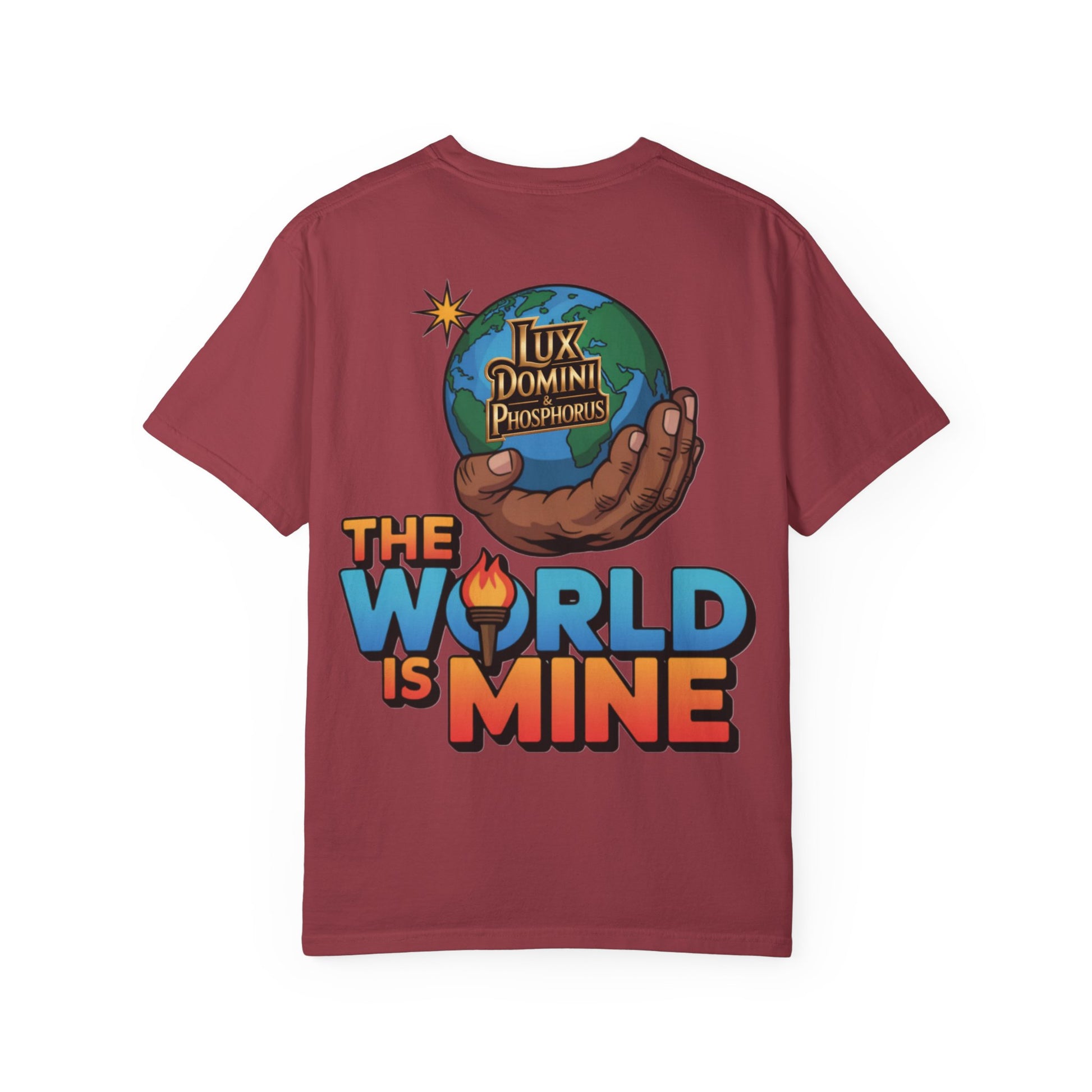 Unisex T-shirt Lux Domini and Phosphoros The World is Mine Design
