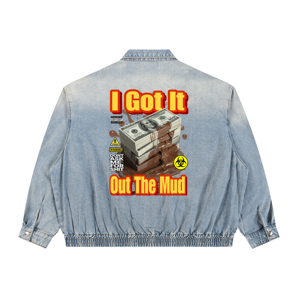 Unisex Vintage Wash Full-Zip Denim Jacket I got it out the mud LD&P APPAREL