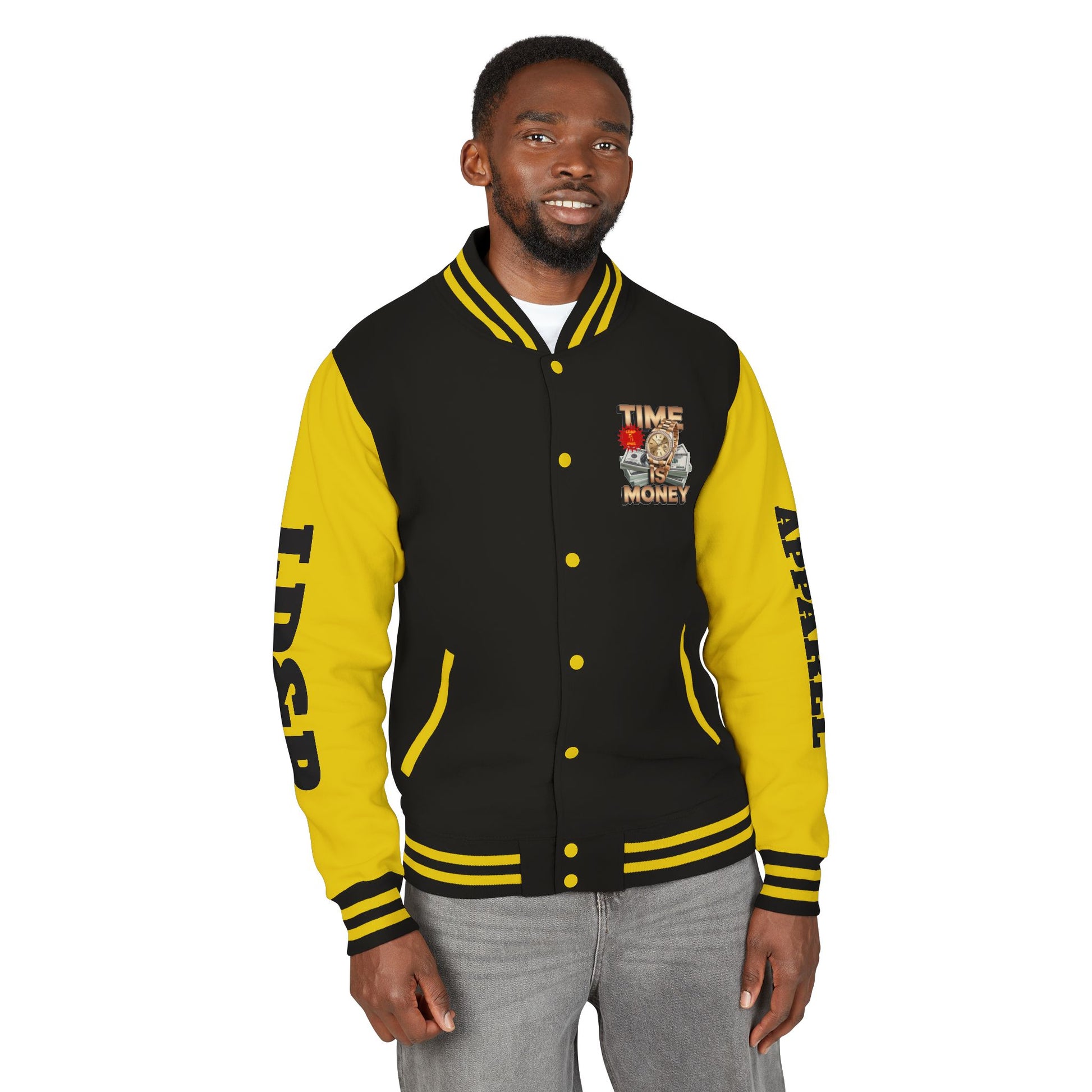 Unisex Heavyweight Letterman Jacket – Time is Money Design