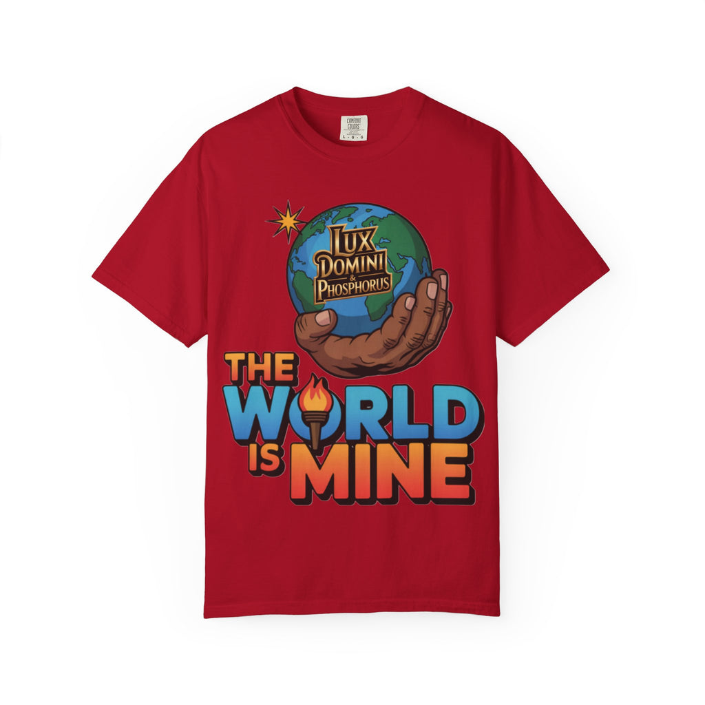 Unisex T-shirt Lux Domini and Phosphoros The World is Mine Design