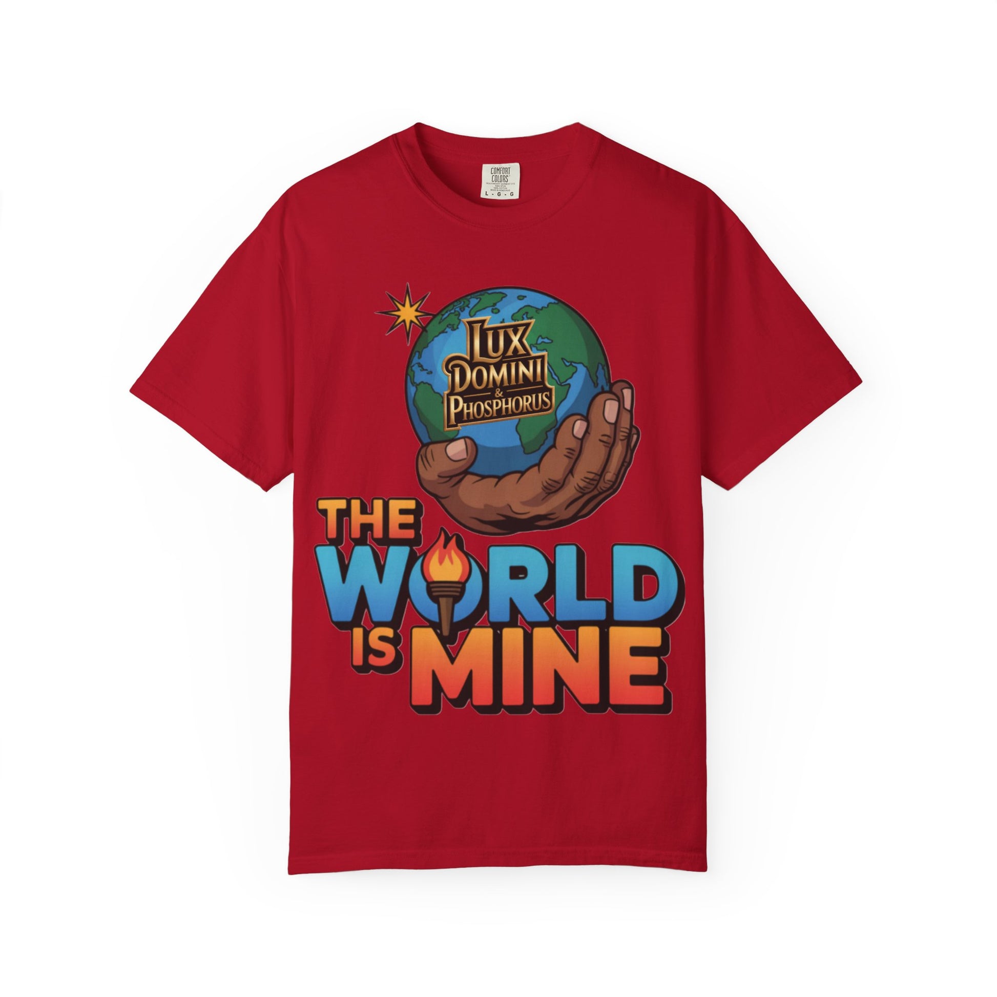 Unisex T-shirt Lux Domini and Phosphoros The World is Mine Design