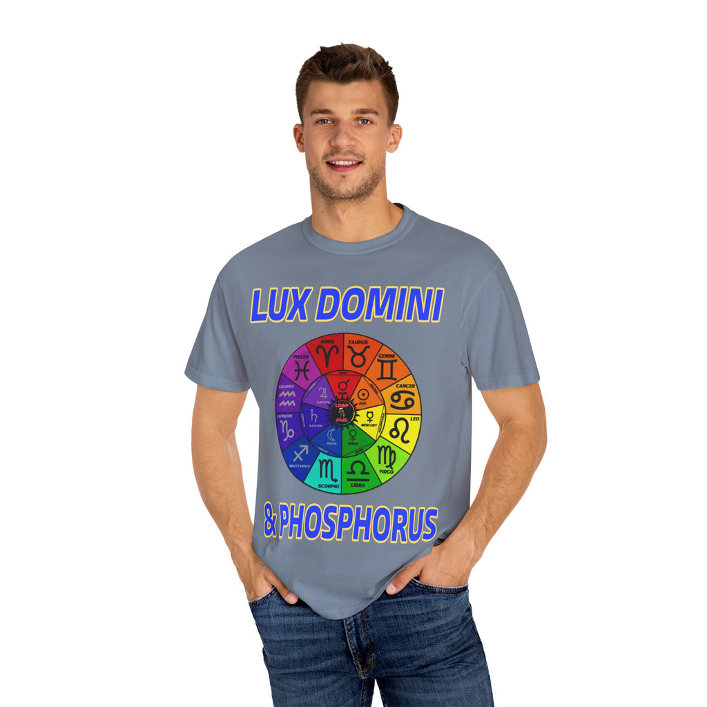 Unisex T-shirt Lux Domini and Phosphorus Zodiac Wheel Design