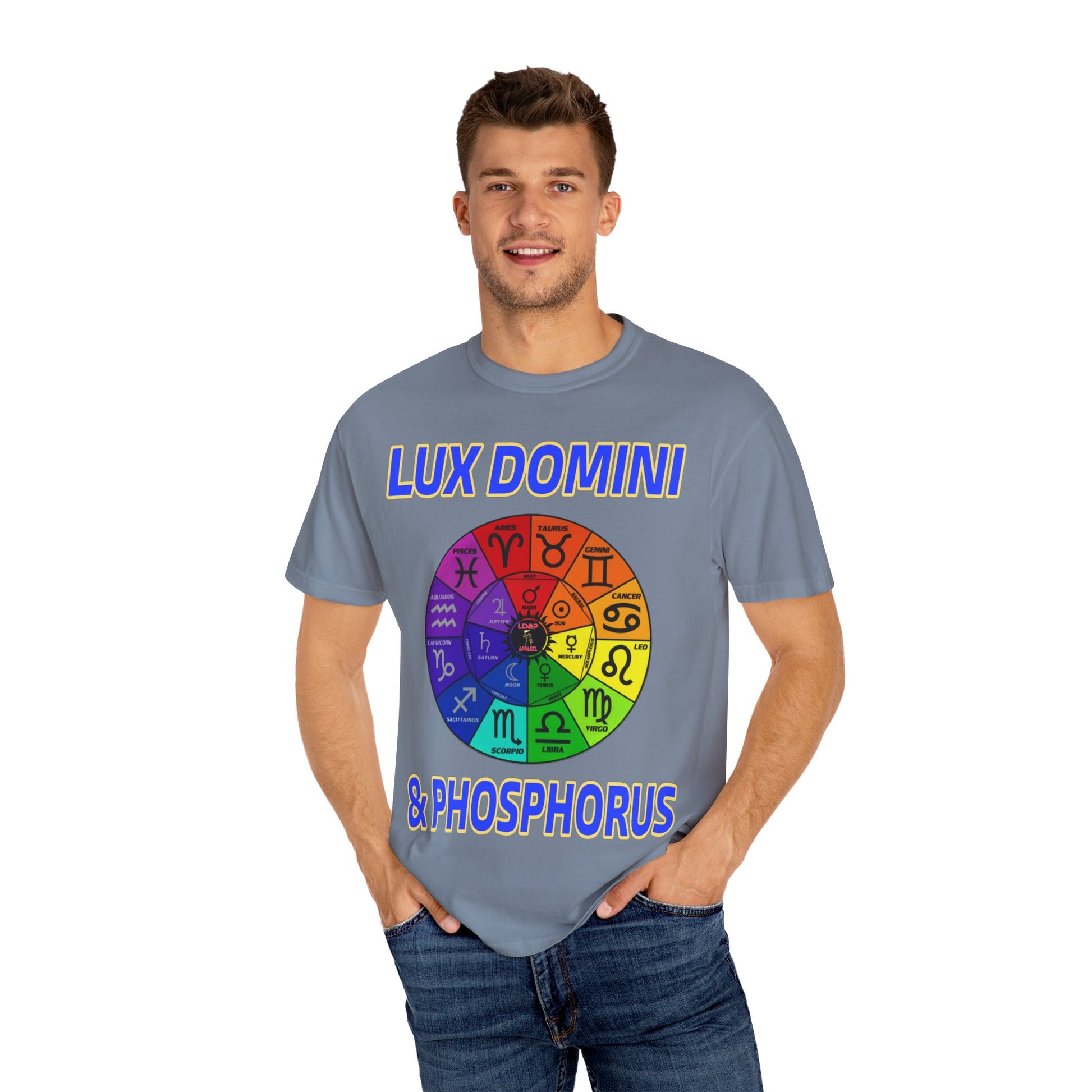 Unisex T-shirt Lux Domini and Phosphorus Zodiac Wheel Design