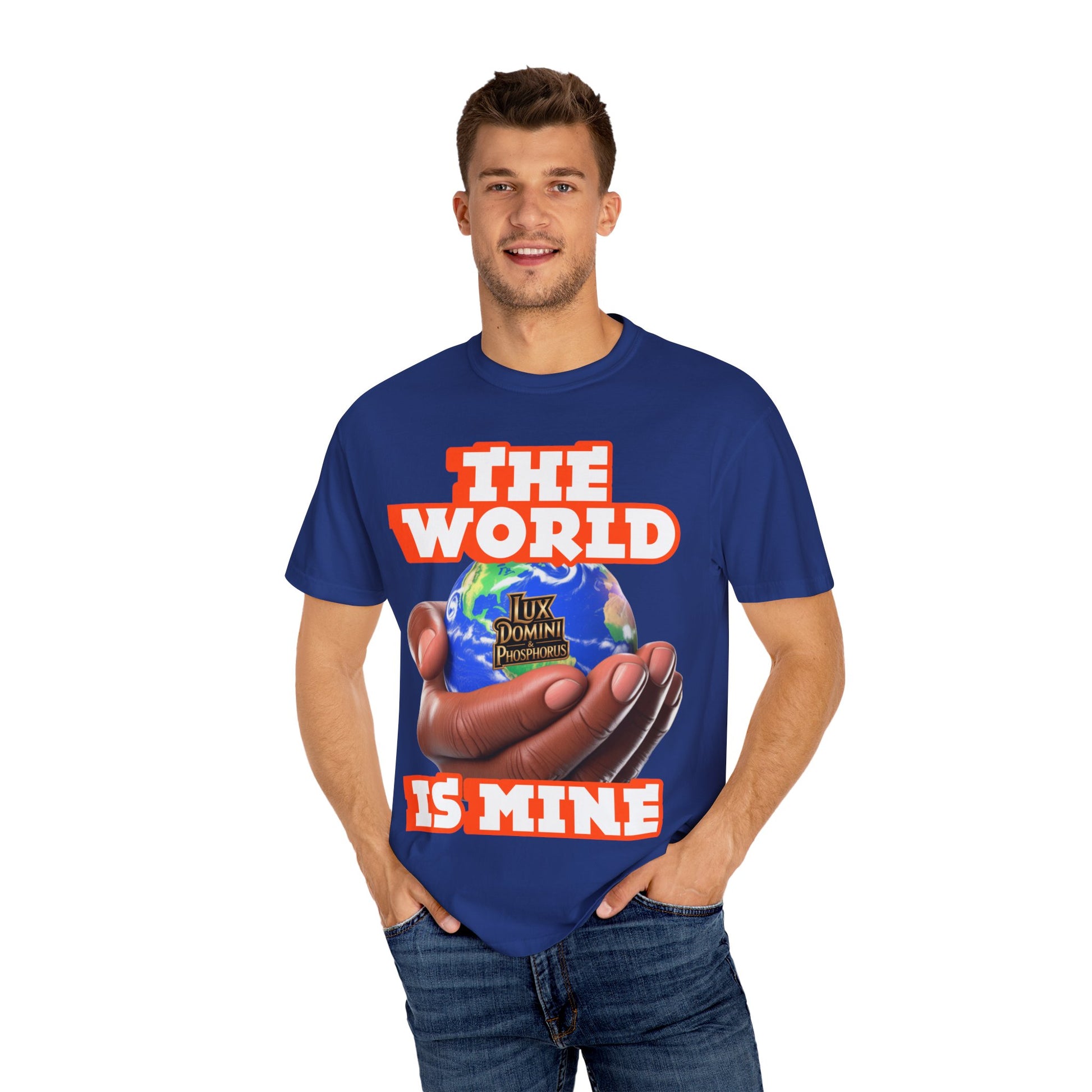 Unisex T-shirt Lux Domini and Phosphoros The World is Mine Design