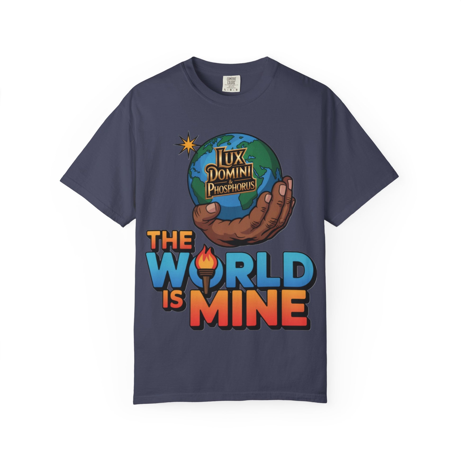 Unisex T-shirt Lux Domini and Phosphoros The World is Mine Design