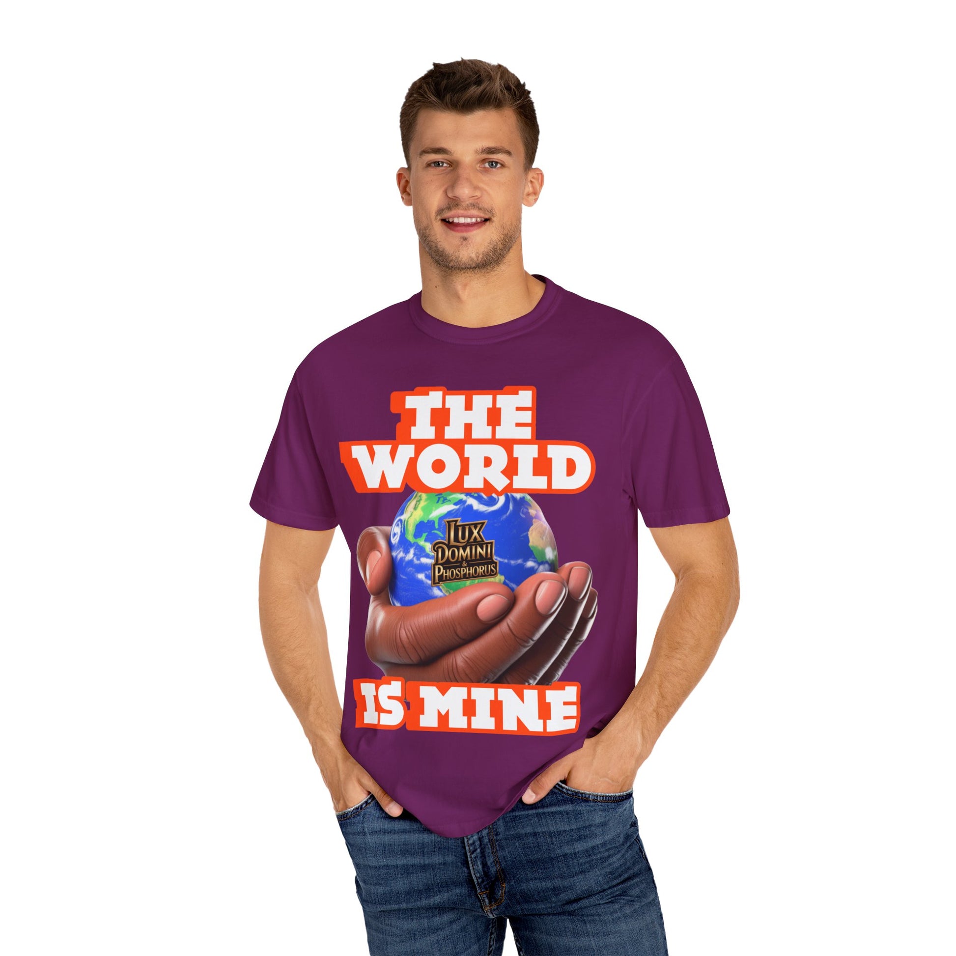 Unisex T-shirt Lux Domini and Phosphoros The World is Mine Design