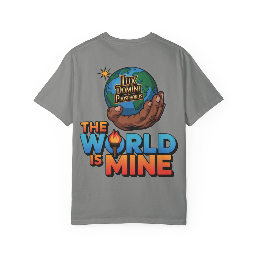 Unisex T-shirt Lux Domini and Phosphoros The World is Mine Design
