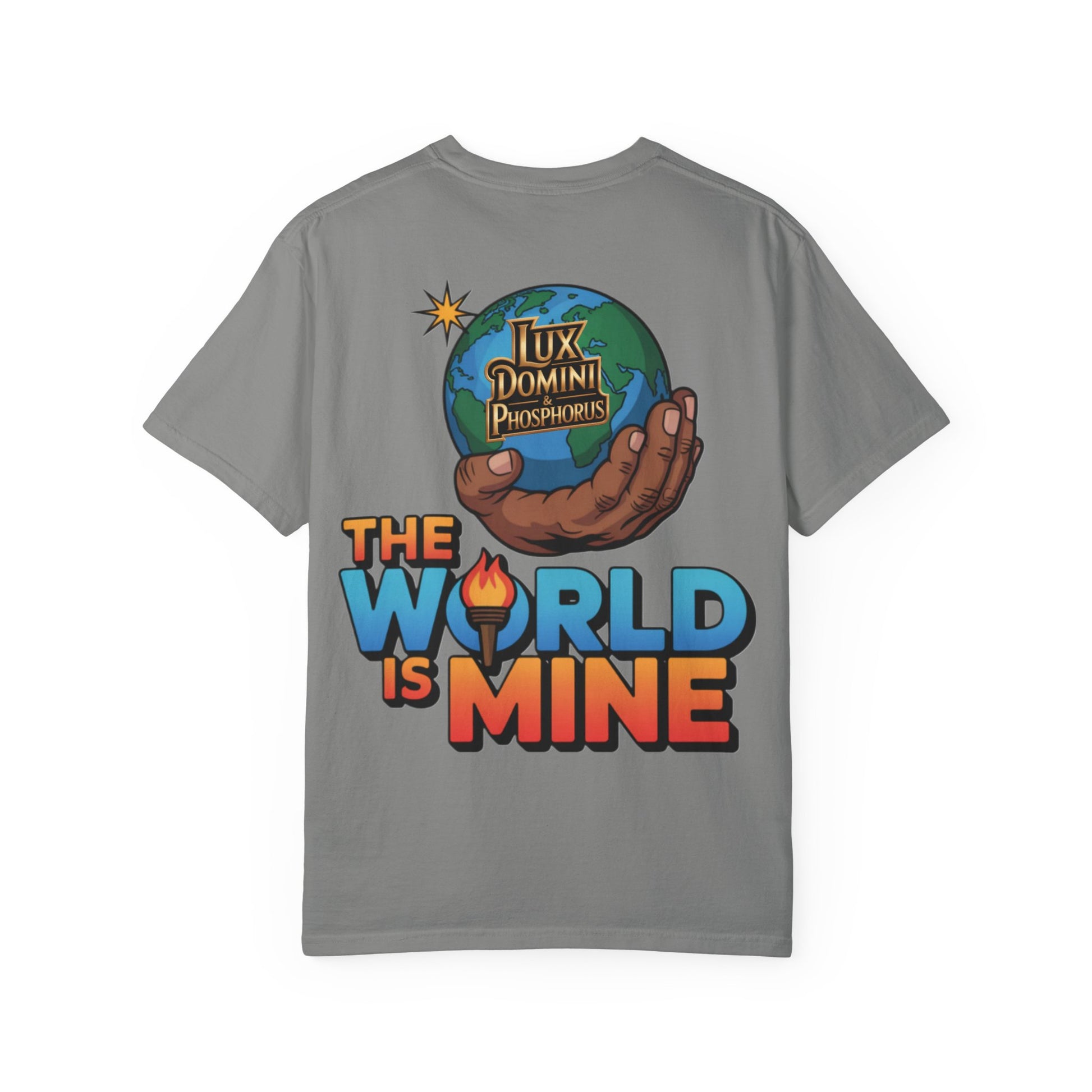 Unisex T-shirt Lux Domini and Phosphoros The World is Mine Design