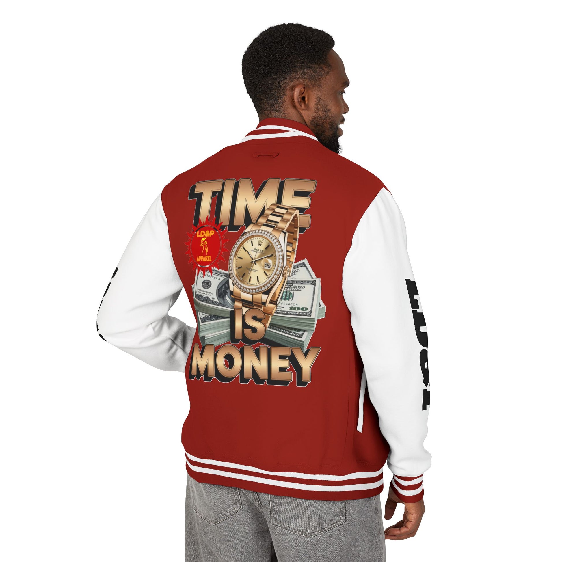 Unisex Heavyweight Letterman Jacket – Time is Money Design