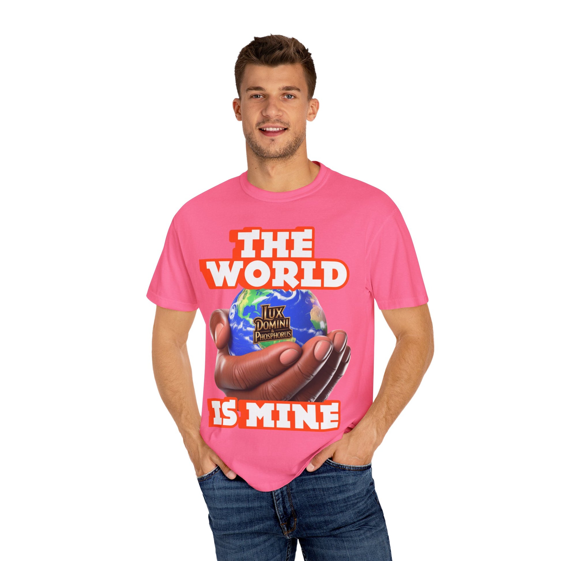 Unisex T-shirt Lux Domini and Phosphoros The World is Mine Design