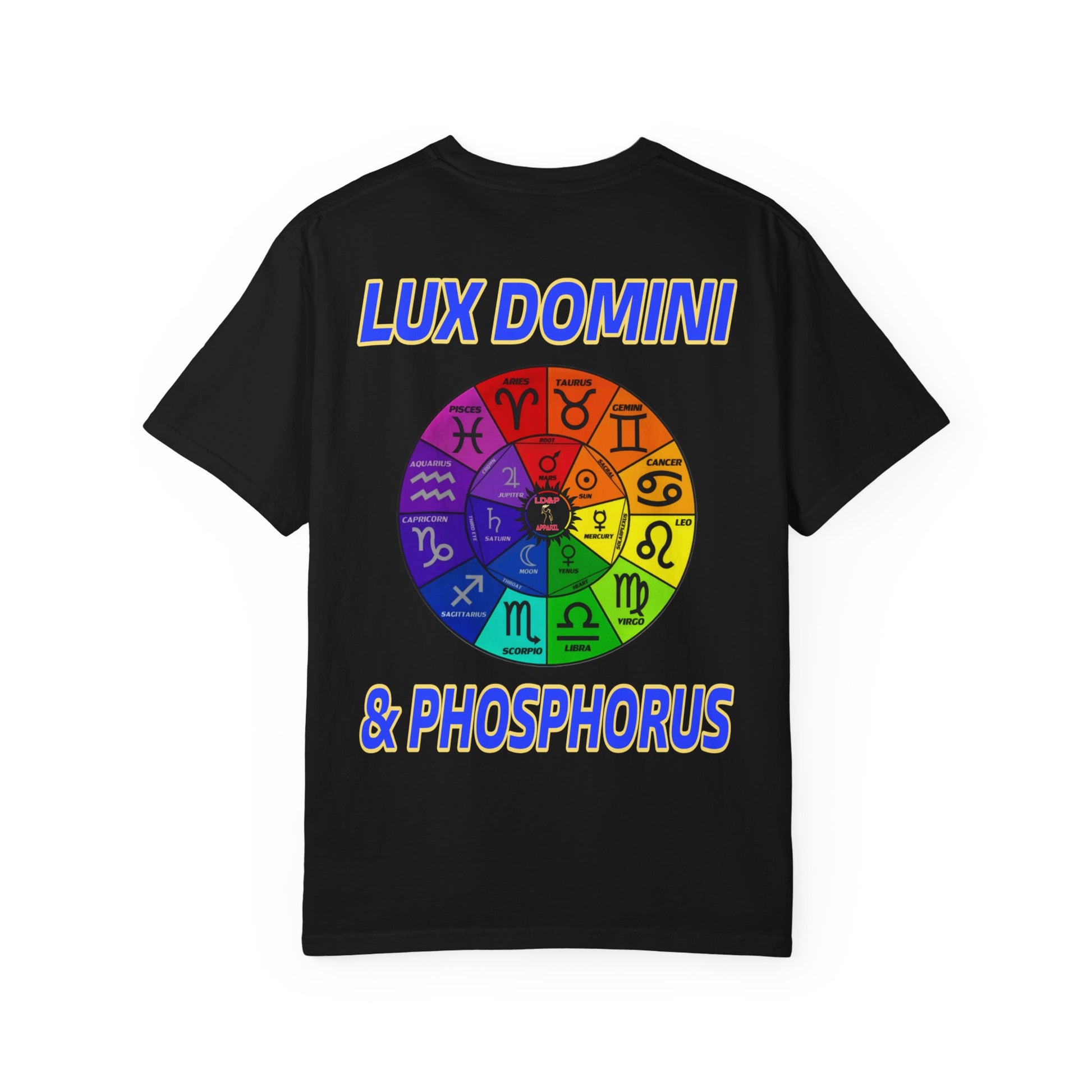 Unisex T-shirt Lux Domini and Phosphorus Zodiac Wheel Design