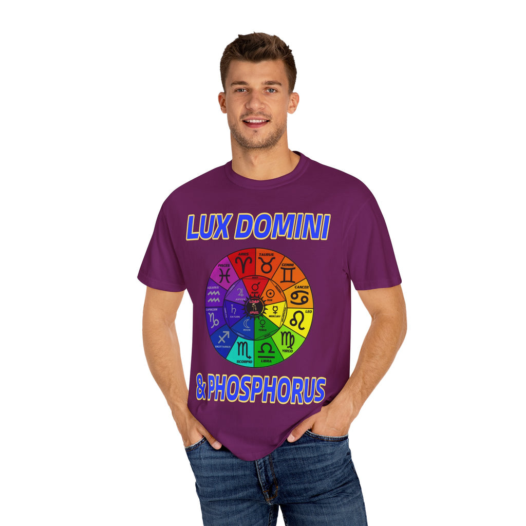 Unisex T-shirt Lux Domini and Phosphorus Zodiac Wheel Design