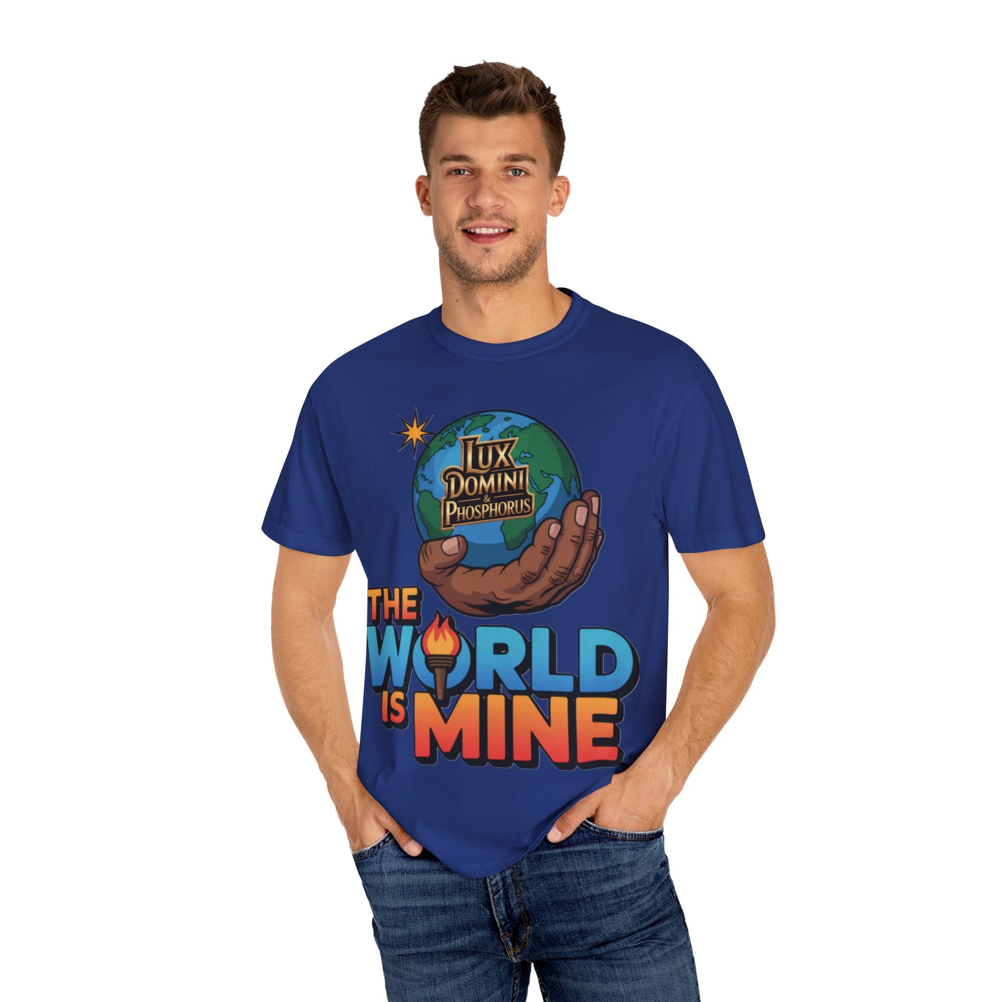 Unisex T-shirt Lux Domini and Phosphoros The World is Mine Design